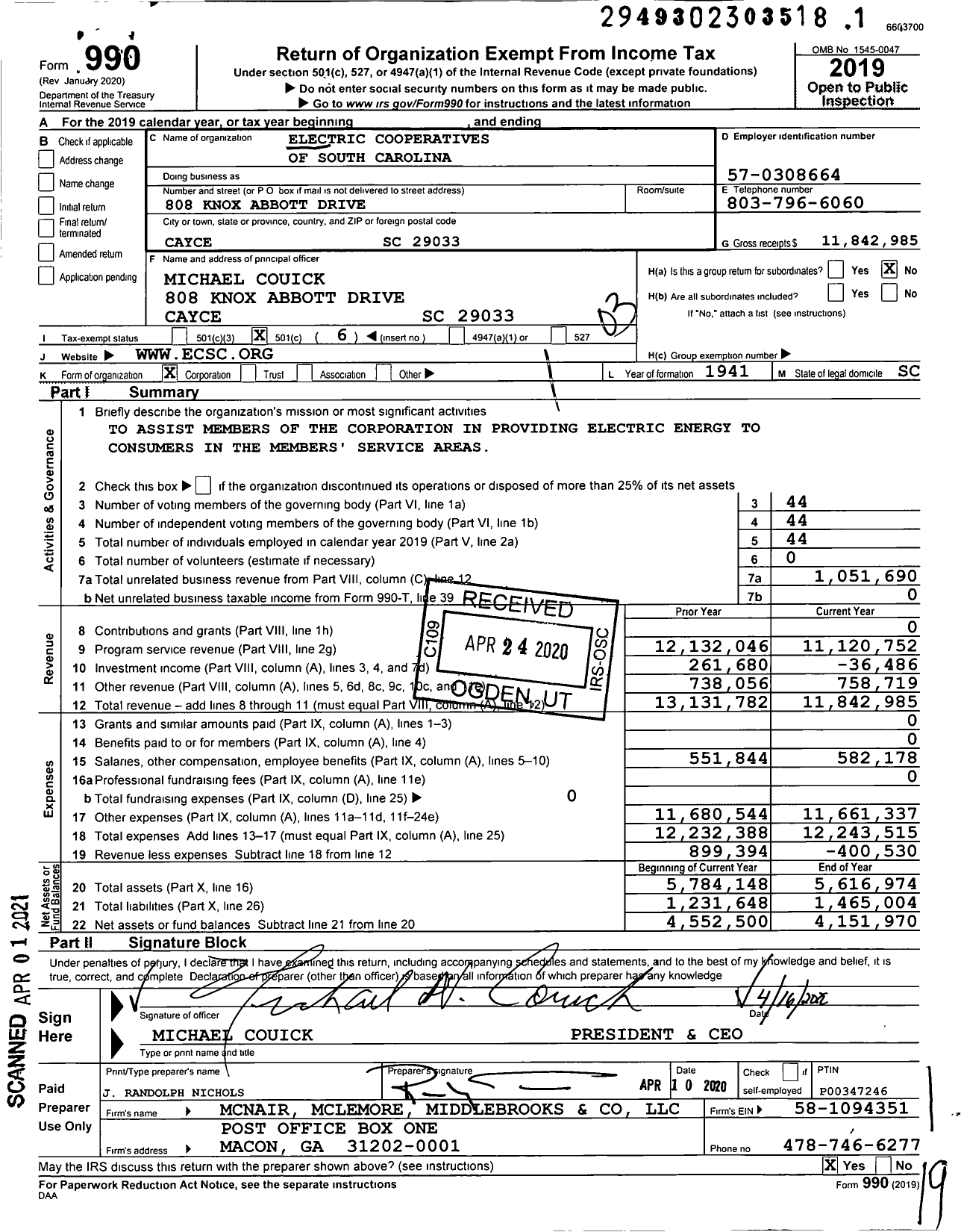 Image of first page of 2019 Form 990 for Electric Cooperatives of South Carolina