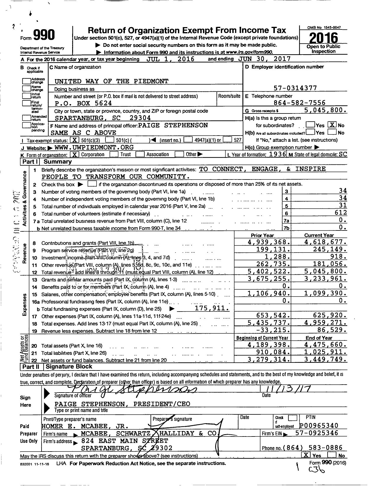 Image of first page of 2016 Form 990 for United Way of the Piedmont