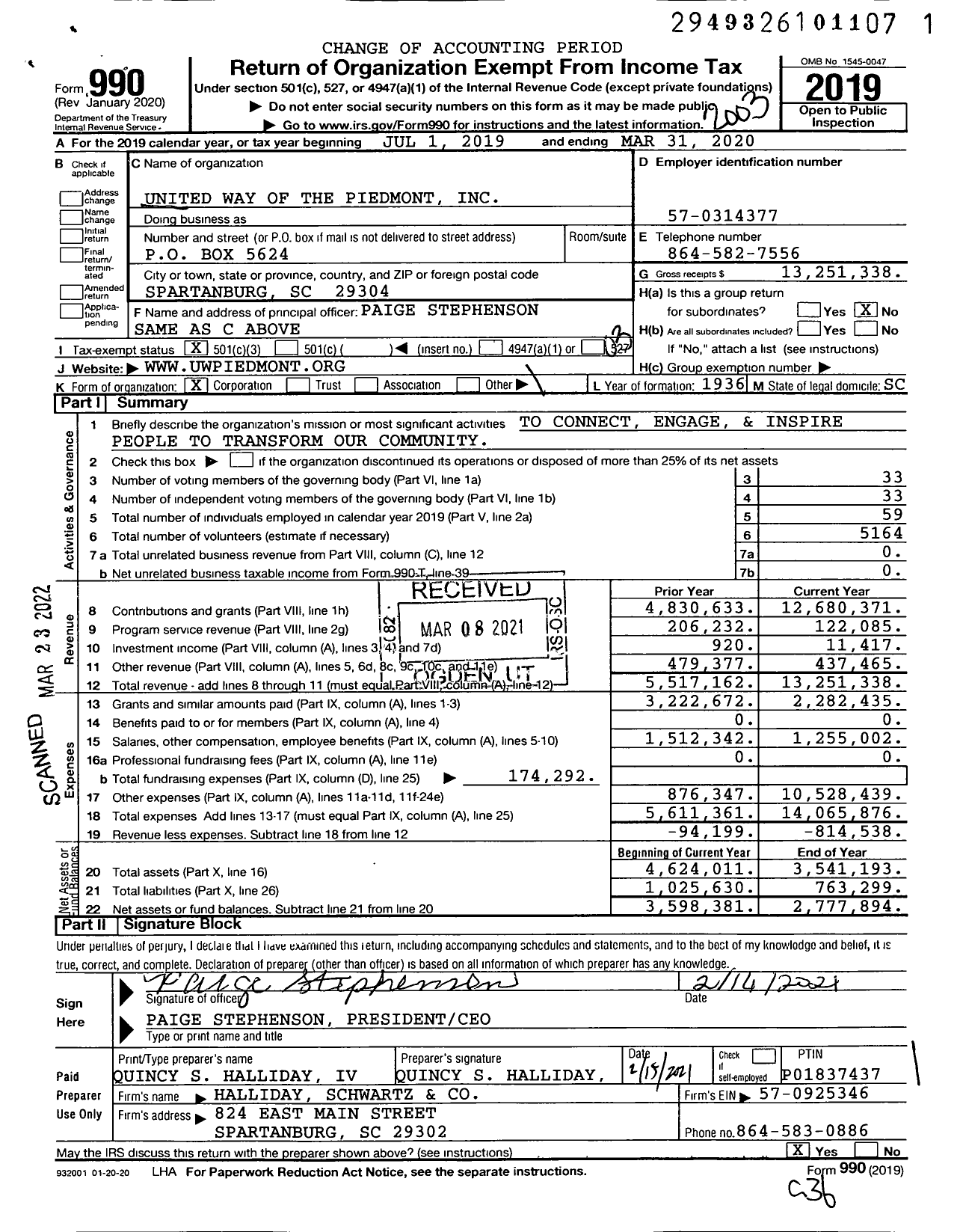 Image of first page of 2019 Form 990 for United Way of the Piedmont