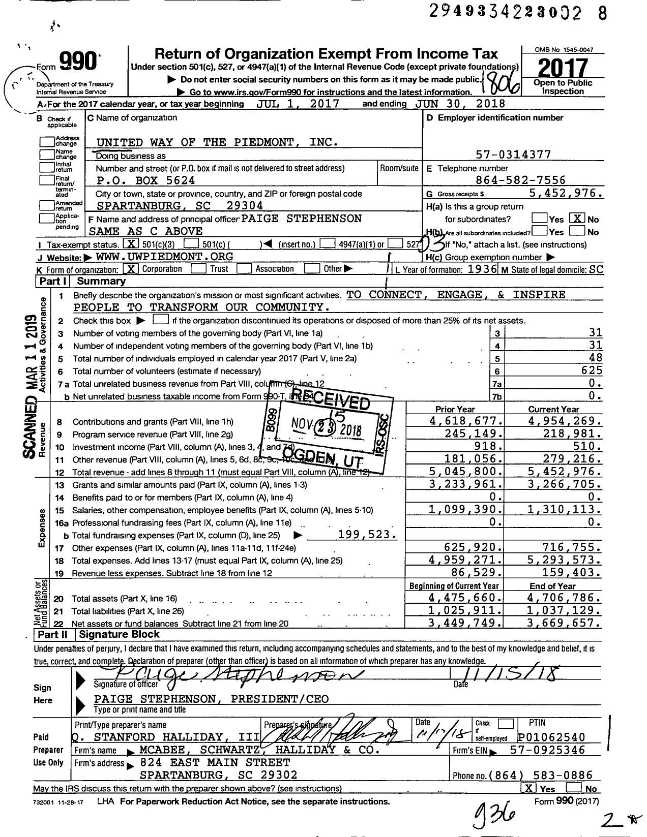 Image of first page of 2017 Form 990 for United Way of the Piedmont