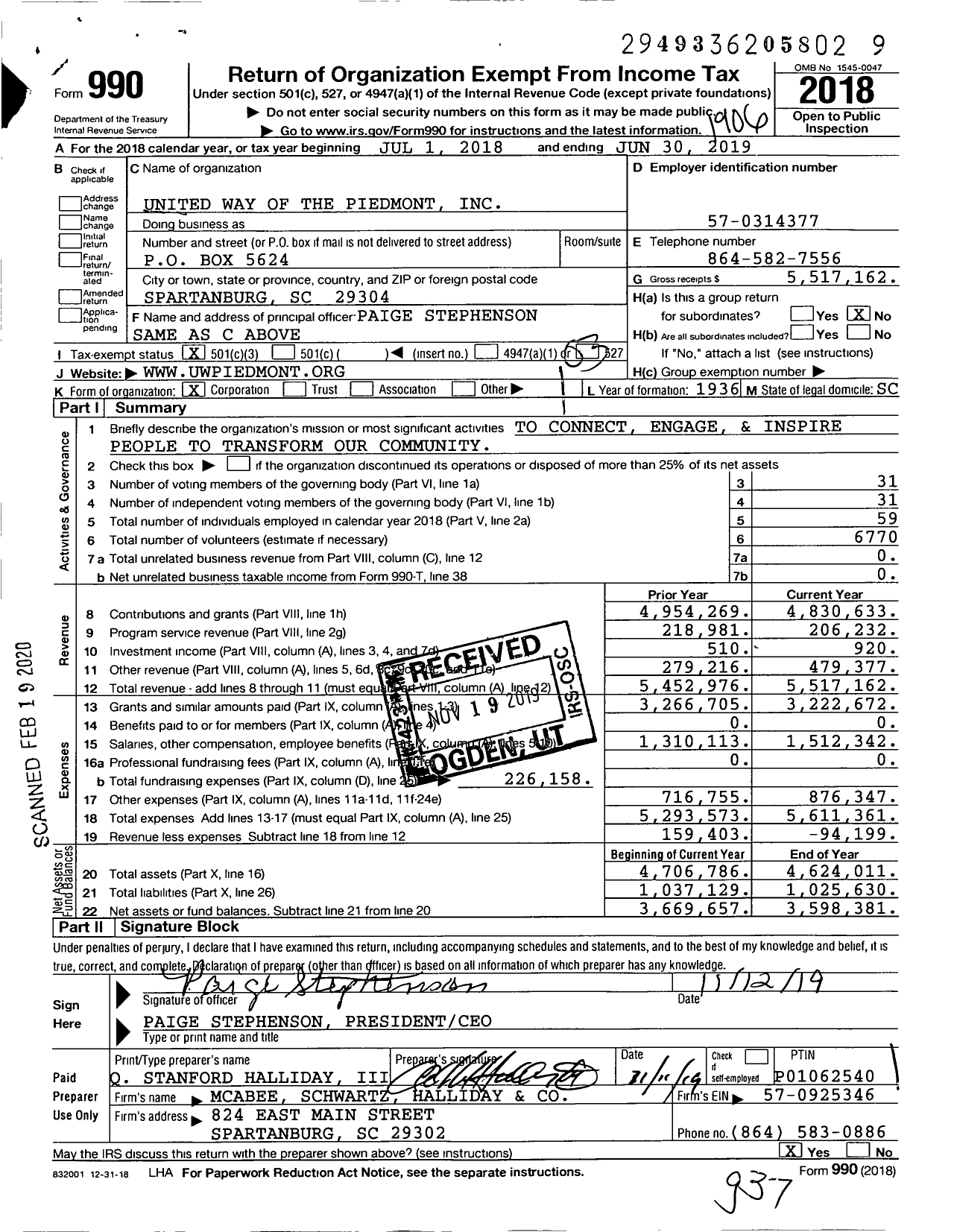 Image of first page of 2018 Form 990 for United Way of the Piedmont