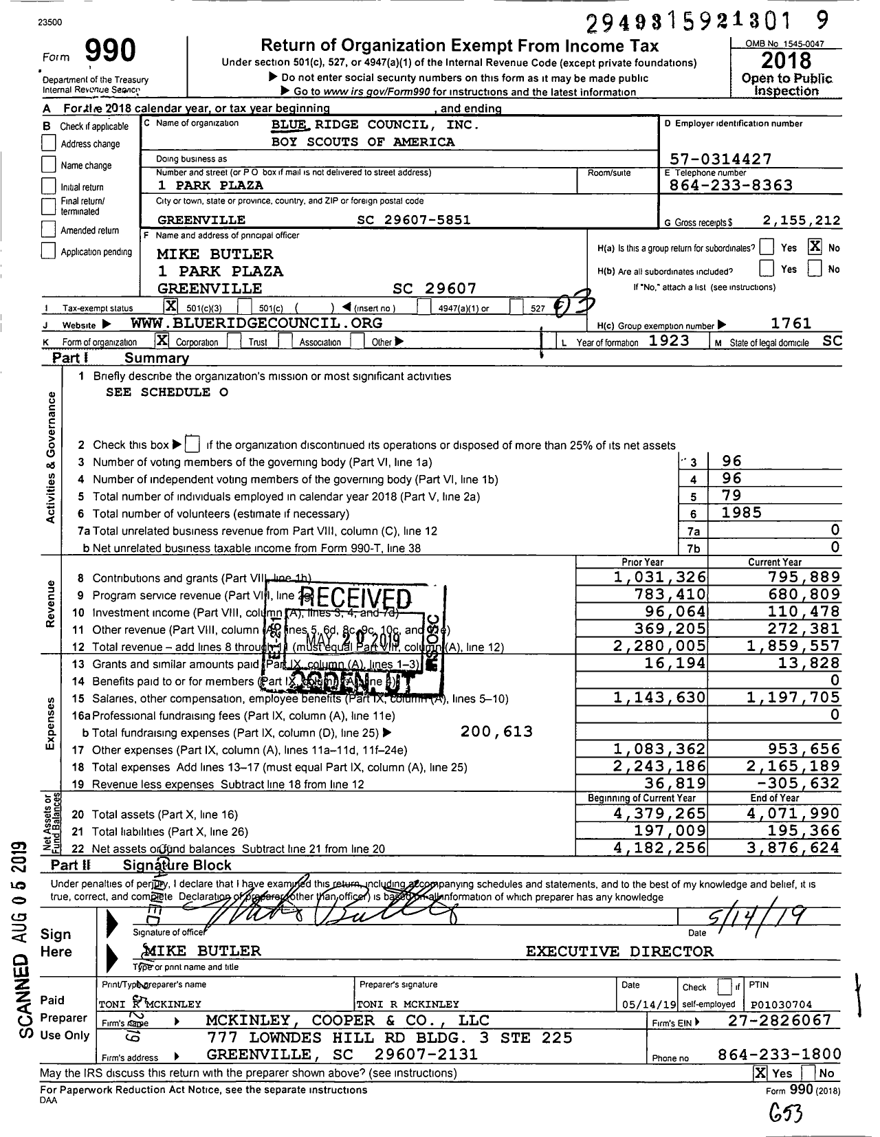 Image of first page of 2018 Form 990 for Blue Ridge Council
