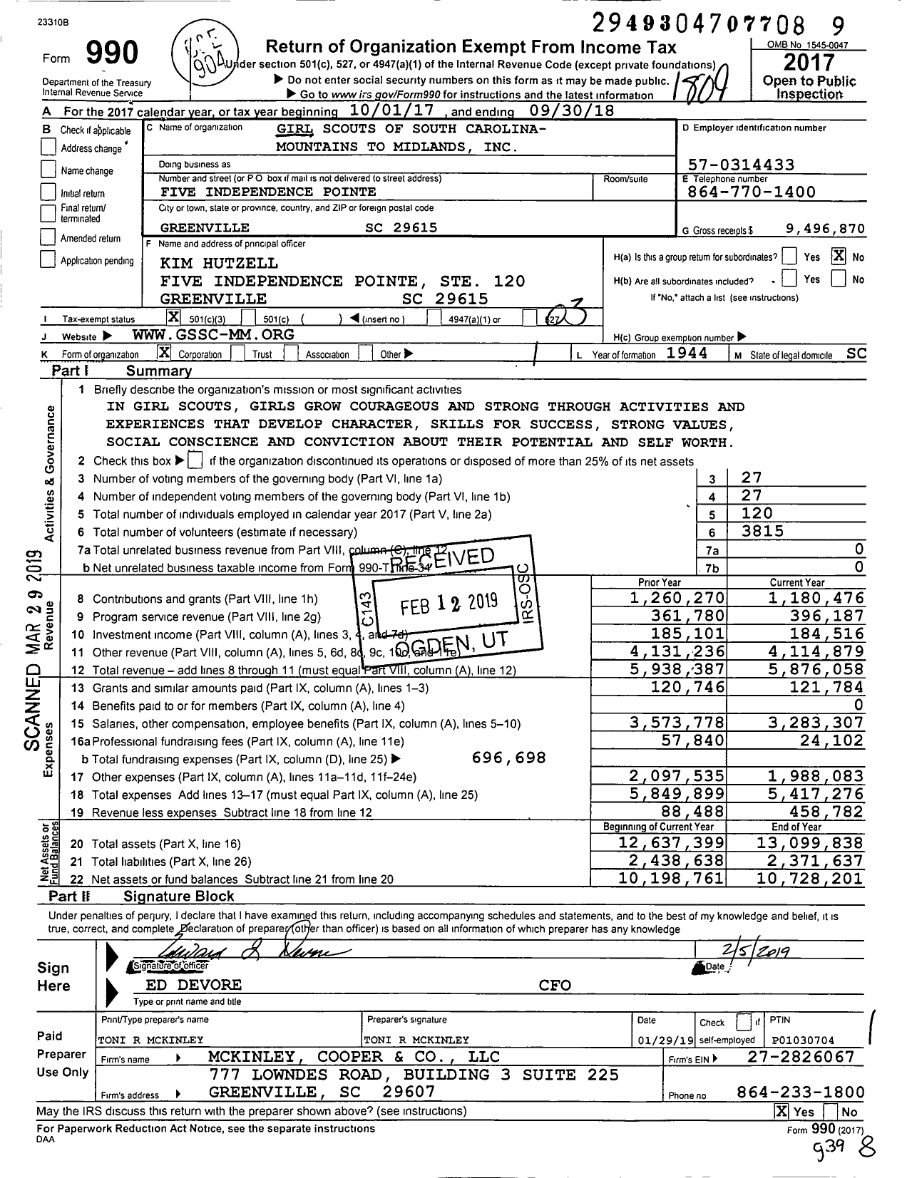 Image of first page of 2017 Form 990 for Girl Scouts of South Carolina- Mountain To Midlands (GSSC-MM)