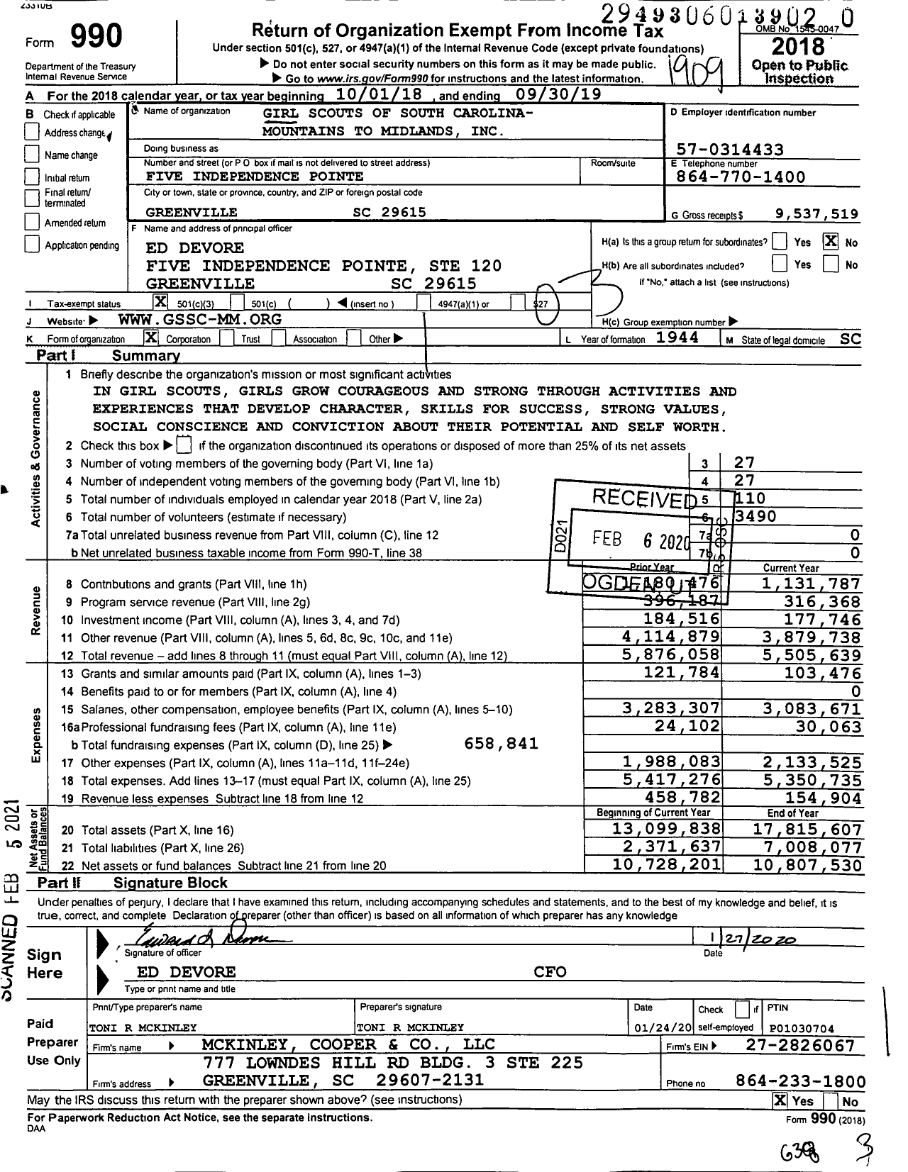 Image of first page of 2018 Form 990 for Girl Scouts of South Carolina- Mountain To Midlands (GSSC-MM)