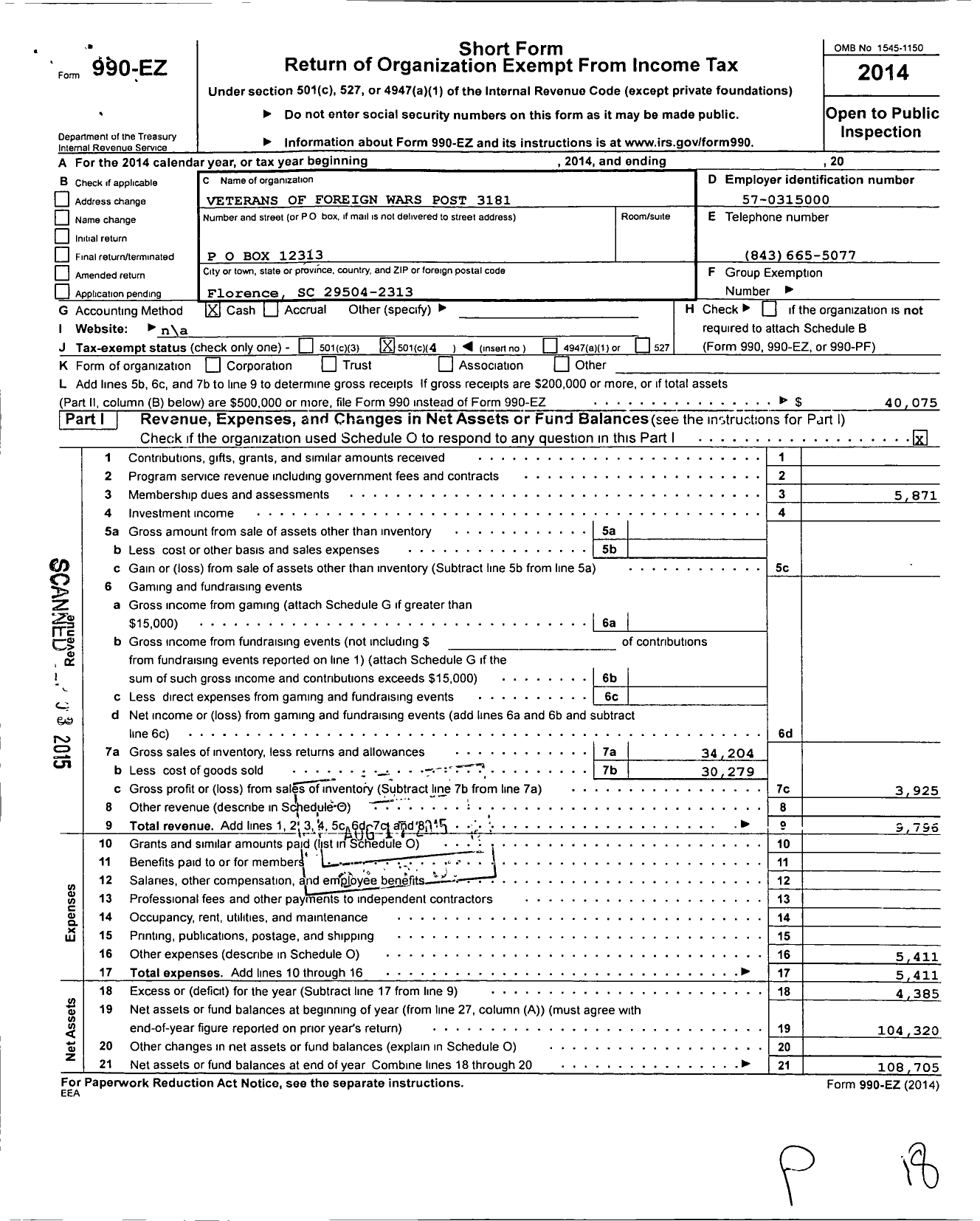 Image of first page of 2014 Form 990EO for Veterans of Foreign Wars of the United States Dept of So Carolina - 3181 Florence Post