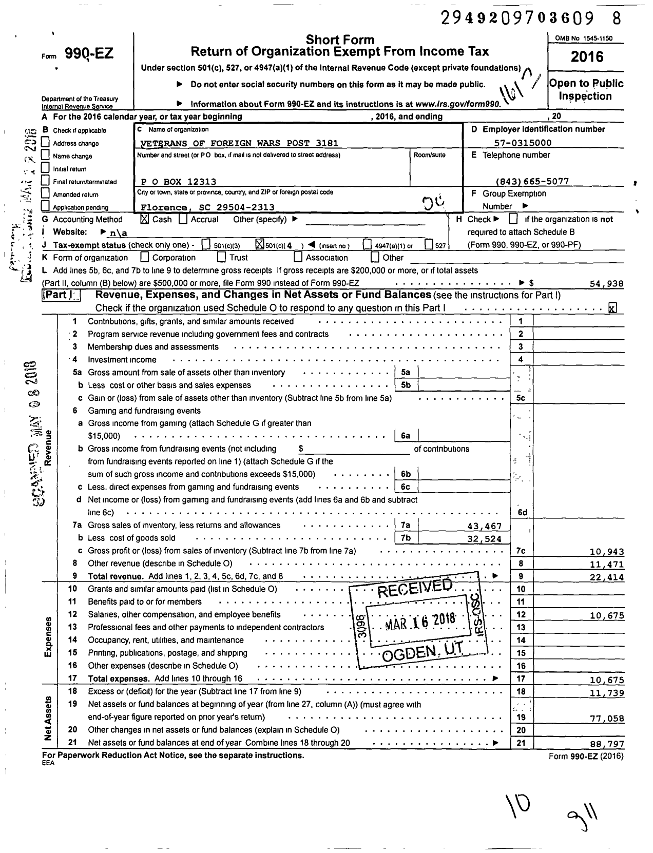 Image of first page of 2016 Form 990EO for Veterans of Foreign Wars of the United States Dept of So Carolina - 3181 Florence Post