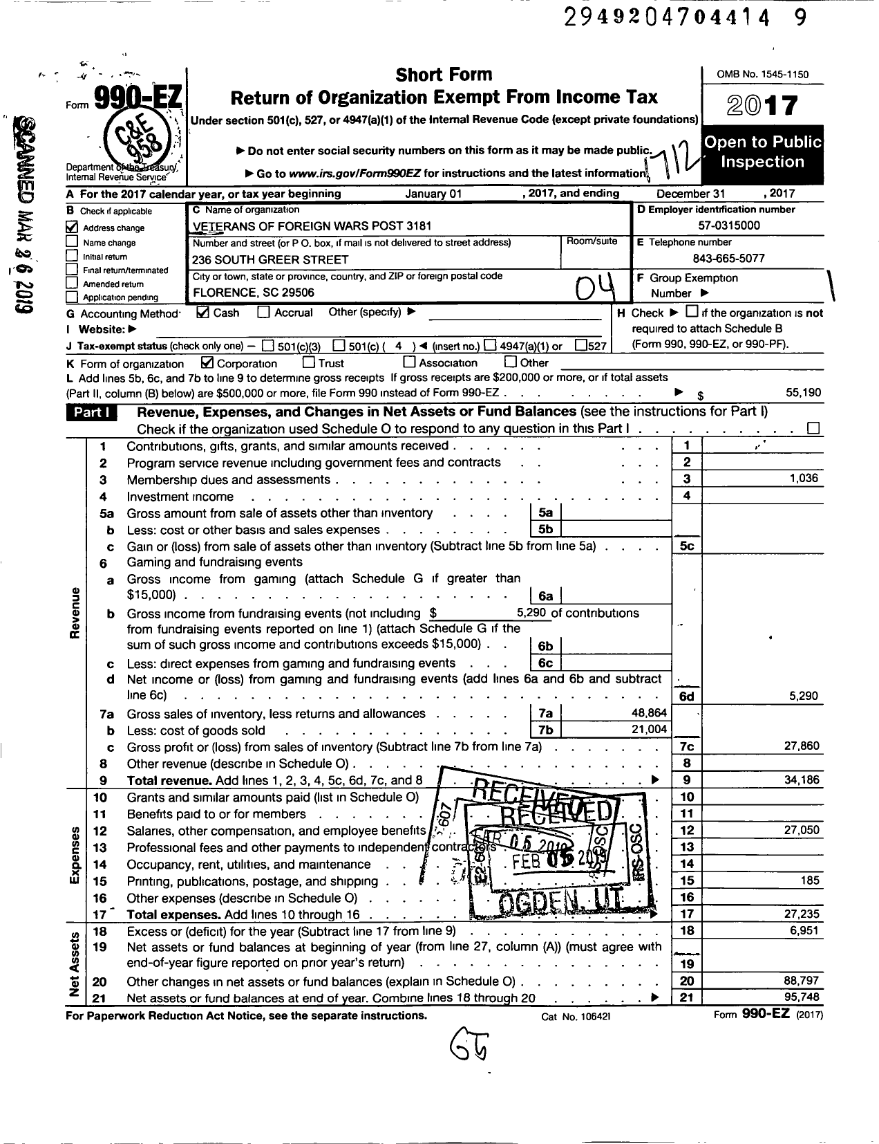 Image of first page of 2017 Form 990EO for Veterans of Foreign Wars of the United States Dept of So Carolina - 3181 Florence Post