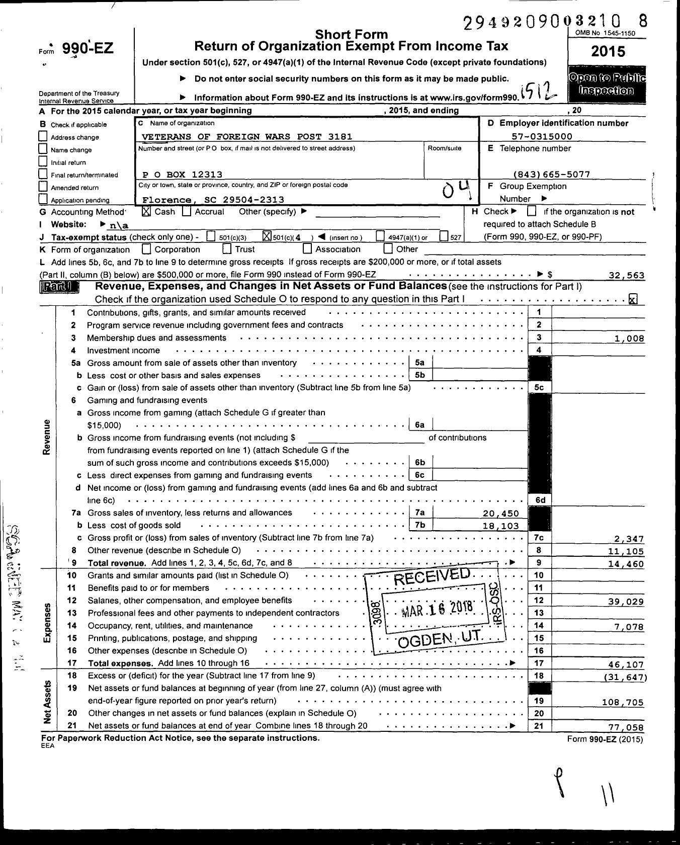 Image of first page of 2015 Form 990EO for Veterans of Foreign Wars of the United States Dept of So Carolina - 3181 Florence Post