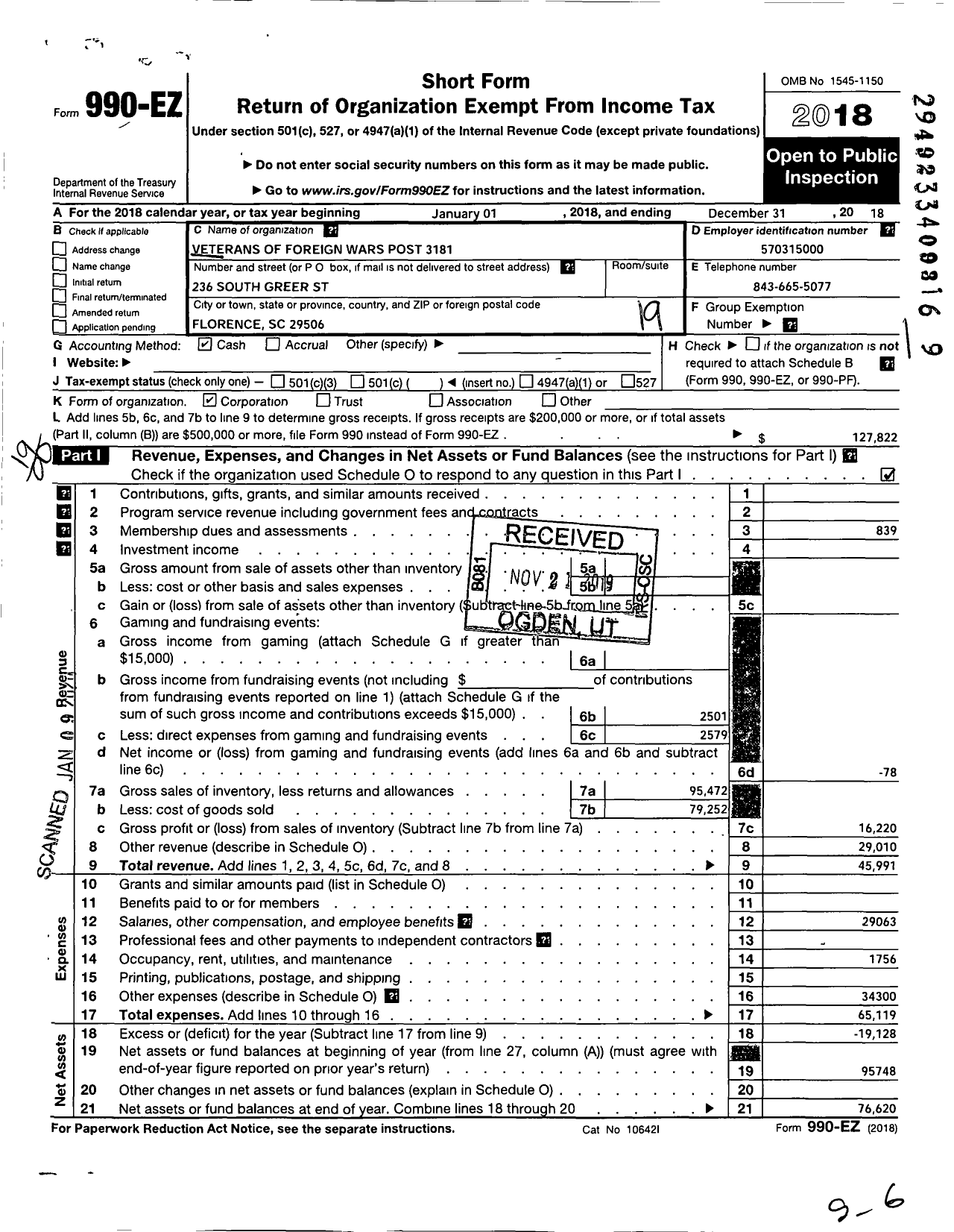 Image of first page of 2018 Form 990EO for Veterans of Foreign Wars of the United States Dept of So Carolina - 3181 Florence Post