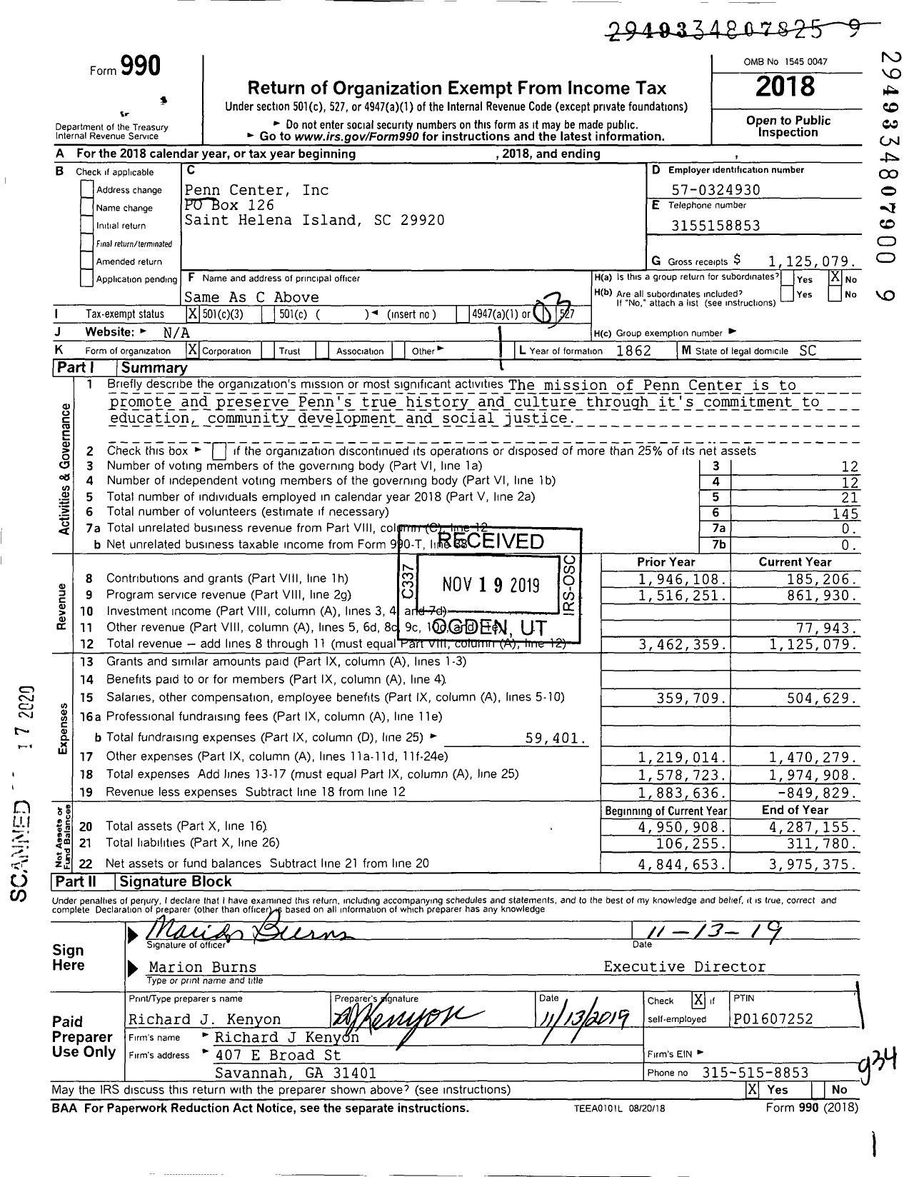 Image of first page of 2018 Form 990 for Penn Center