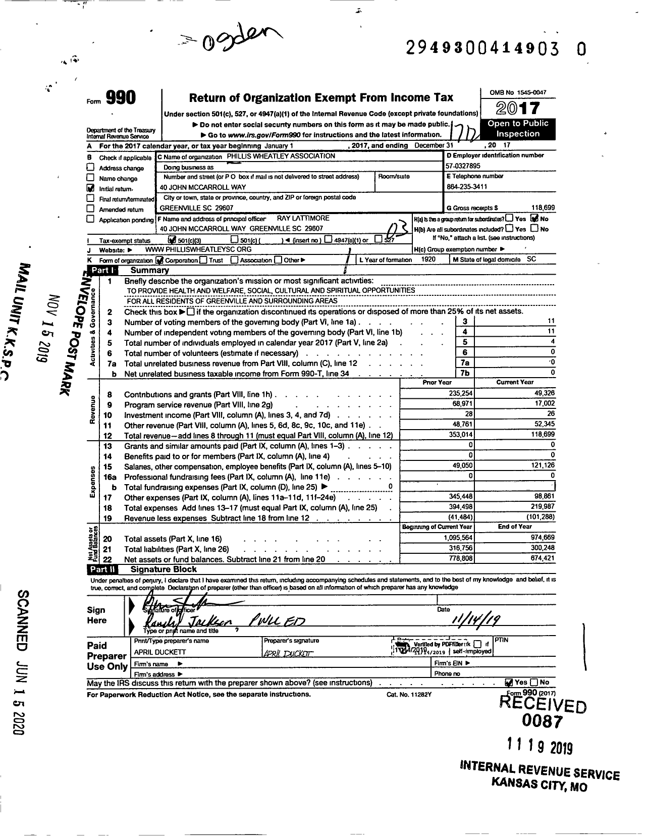 Image of first page of 2017 Form 990 for Phillis Wheatley Community Center