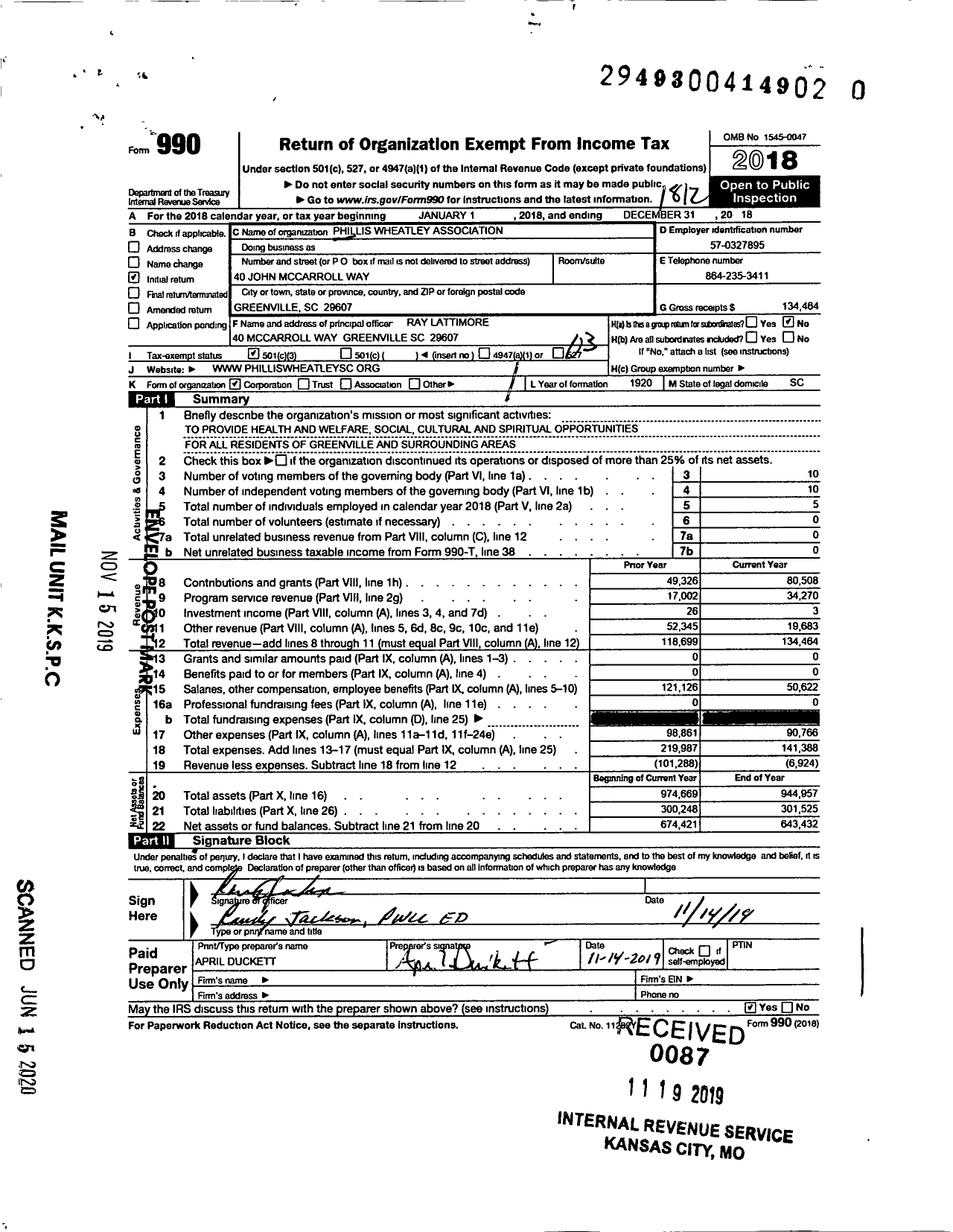 Image of first page of 2018 Form 990 for Phillis Wheatley Community Center