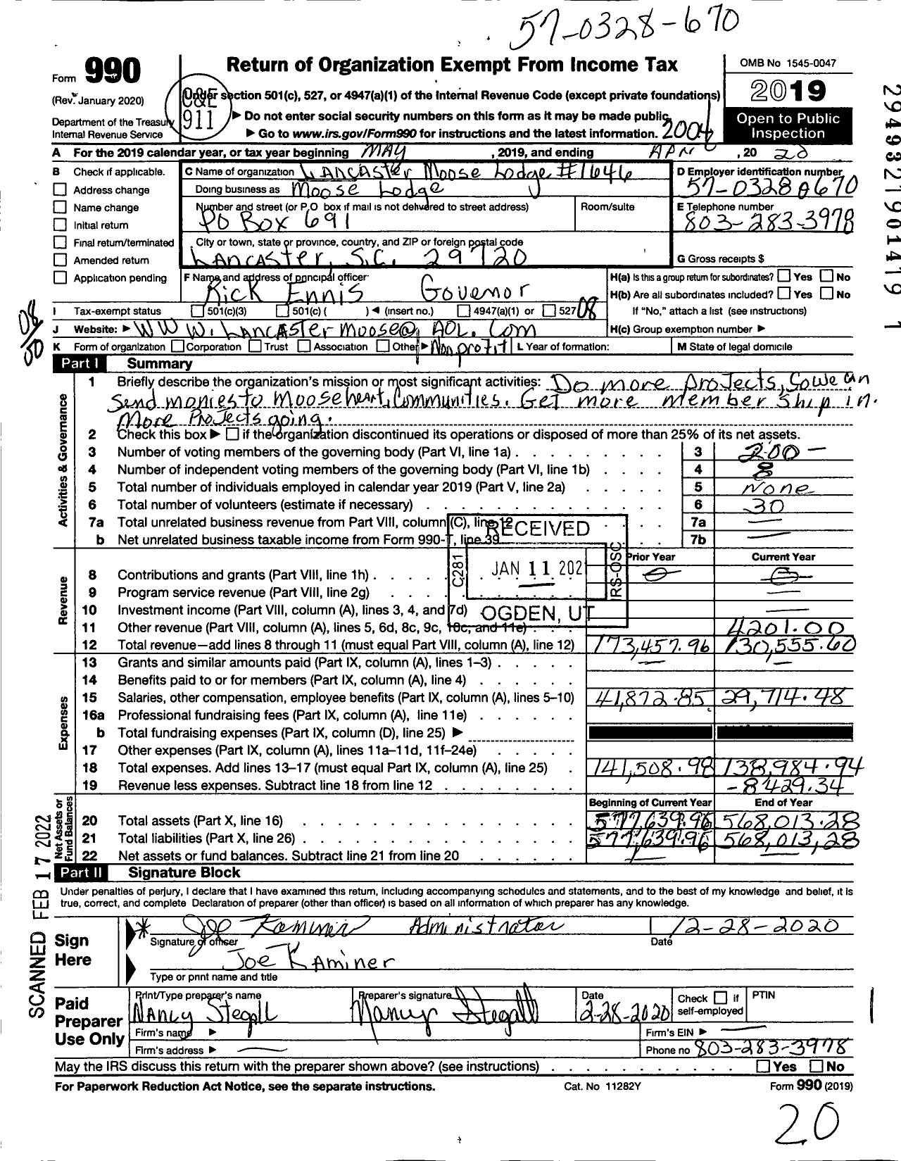 Image of first page of 2019 Form 990O for Loyal Order of Moose - 1646