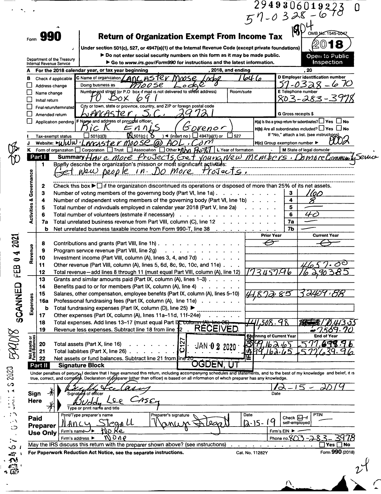 Image of first page of 2018 Form 990O for Loyal Order of Moose - 1646