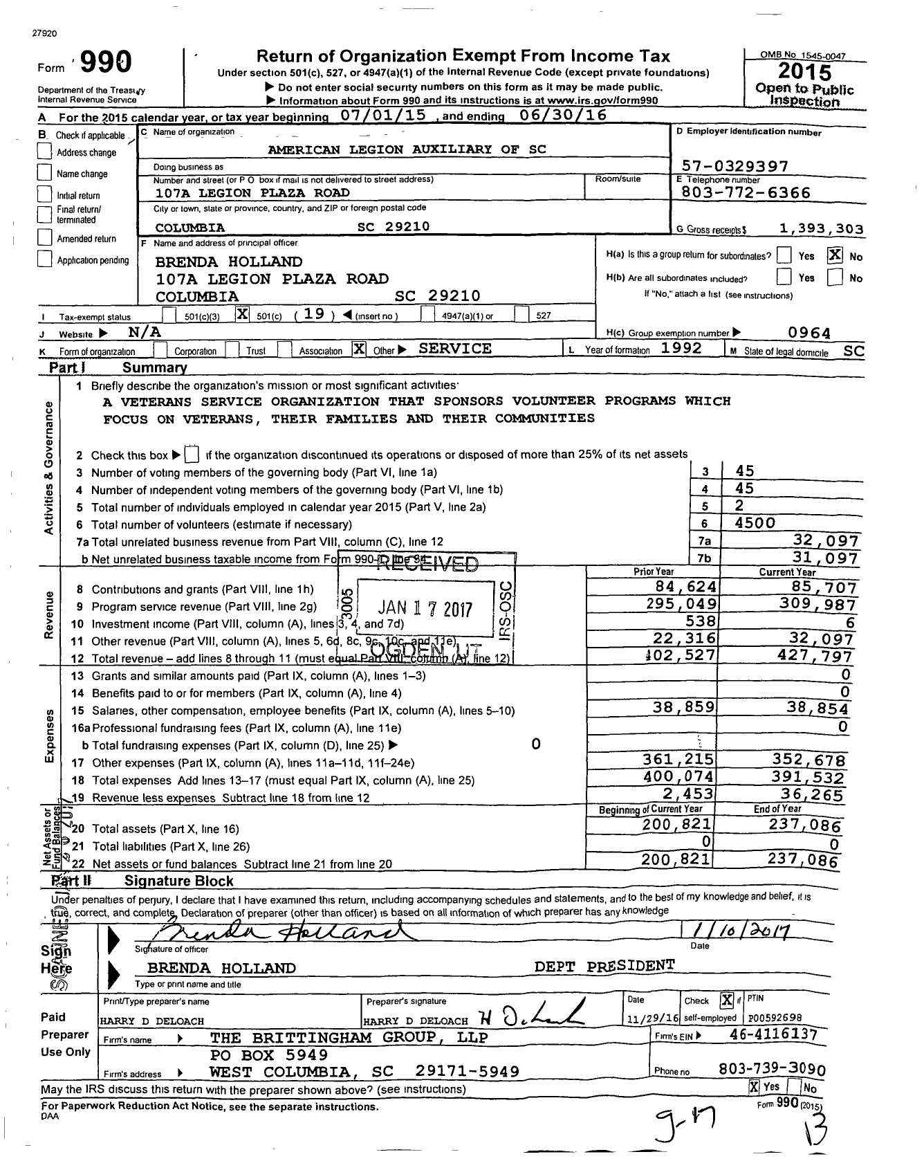 Image of first page of 2015 Form 990O for American Legion Auxiliary - 172 Department Headquarters