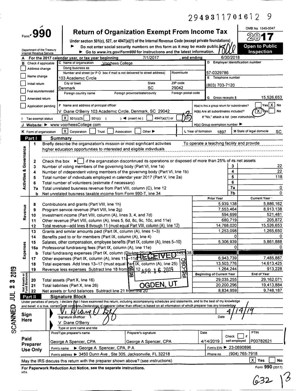 Image of first page of 2017 Form 990 for Voorhees University
