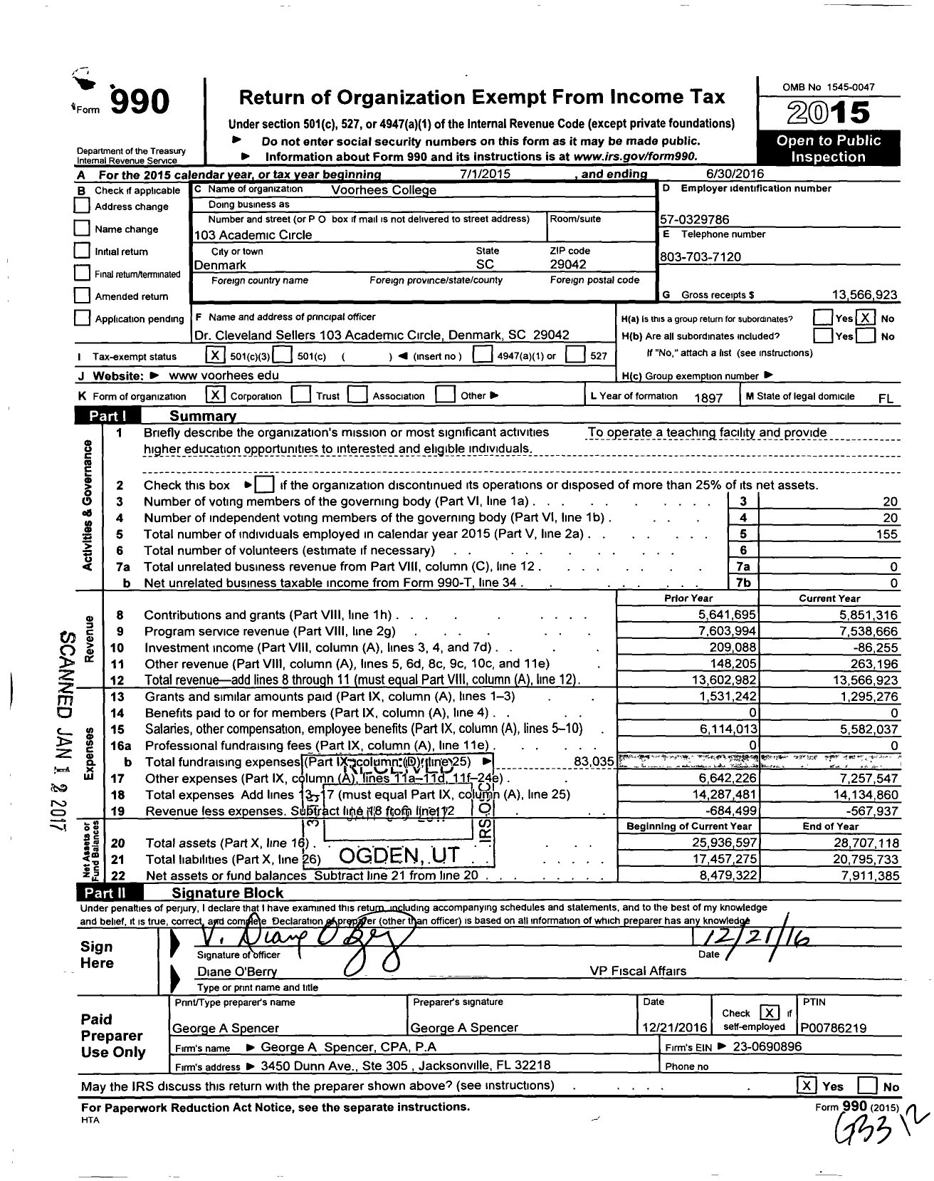 Image of first page of 2015 Form 990 for Voorhees University