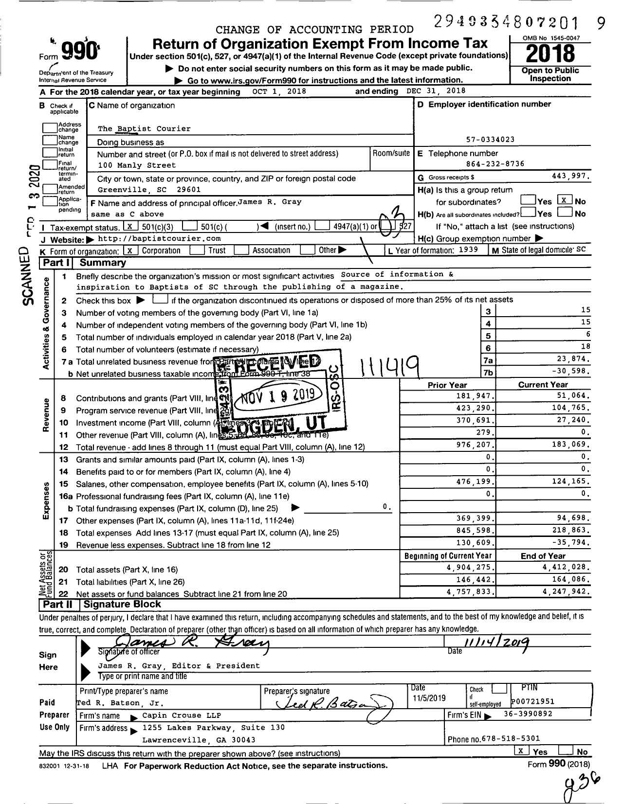 Image of first page of 2018 Form 990 for Baptist Courier
