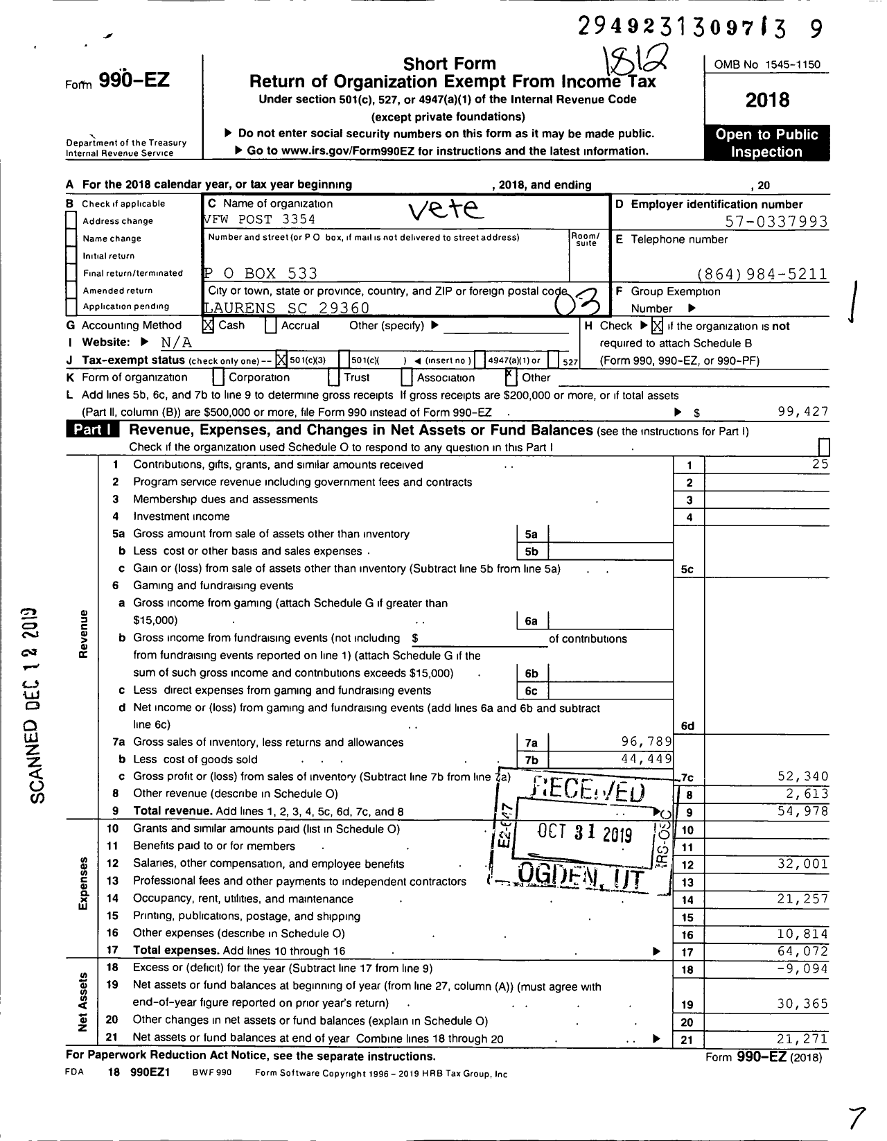 Image of first page of 2018 Form 990EZ for VFW Post 3354
