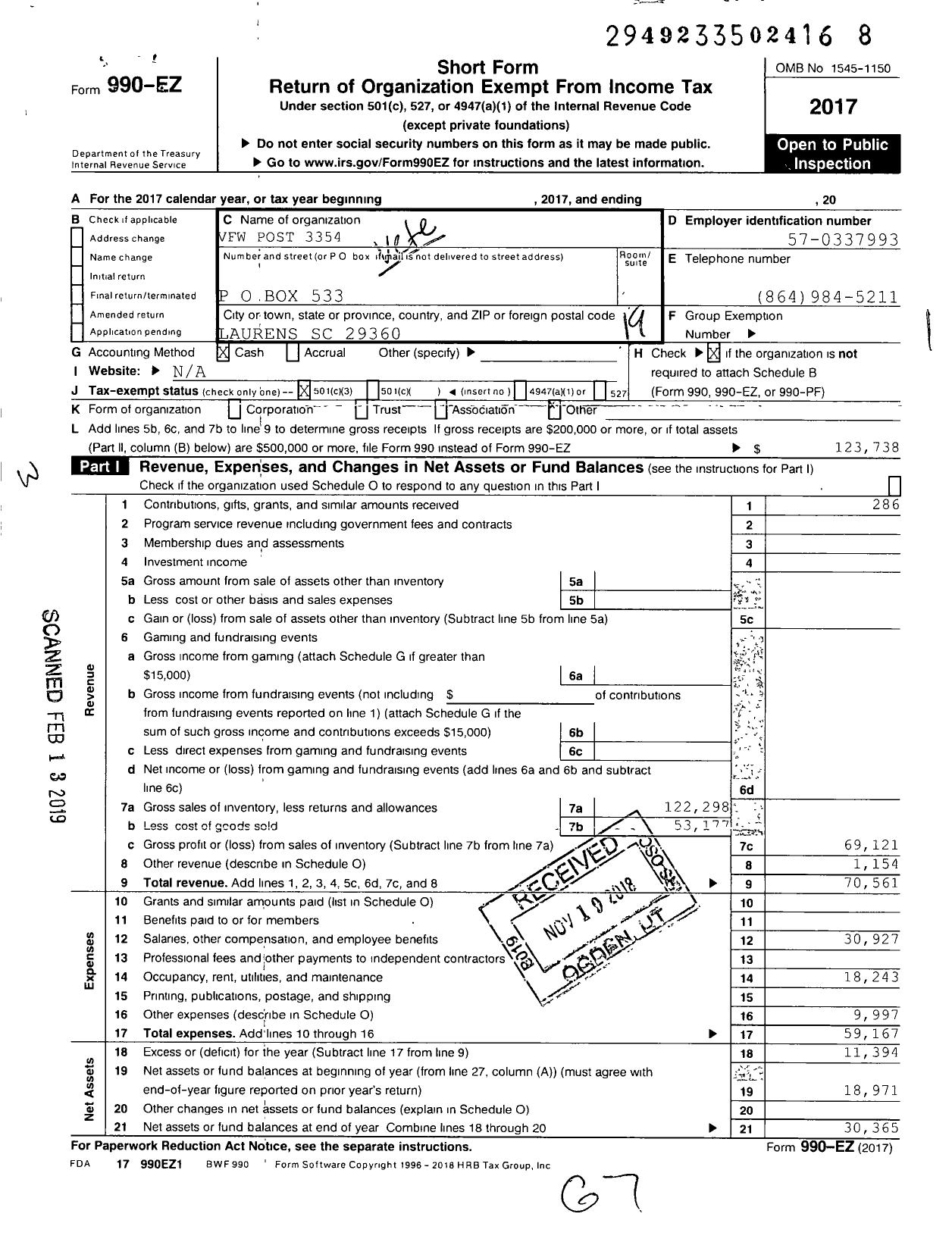 Image of first page of 2017 Form 990EO for VFW Post 3354