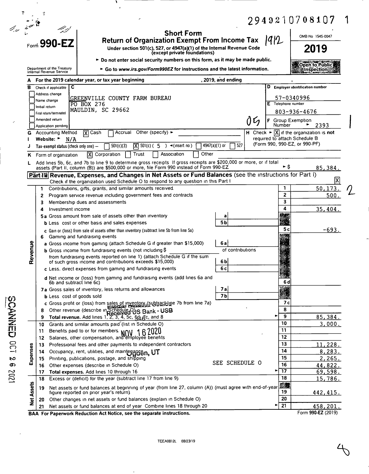 Image of first page of 2019 Form 990EO for Greenville County Farm Bureau