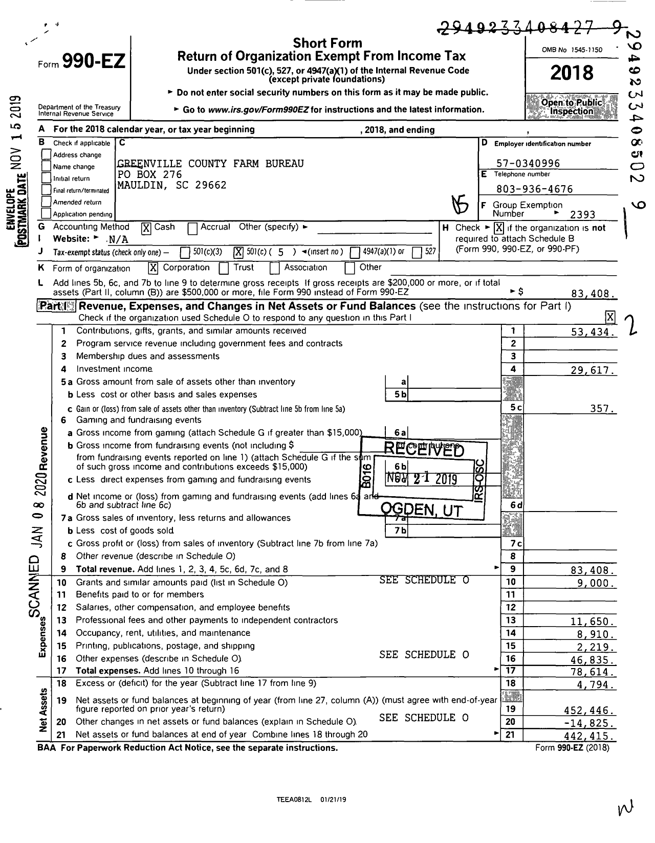 Image of first page of 2018 Form 990EO for Greenville County Farm Bureau