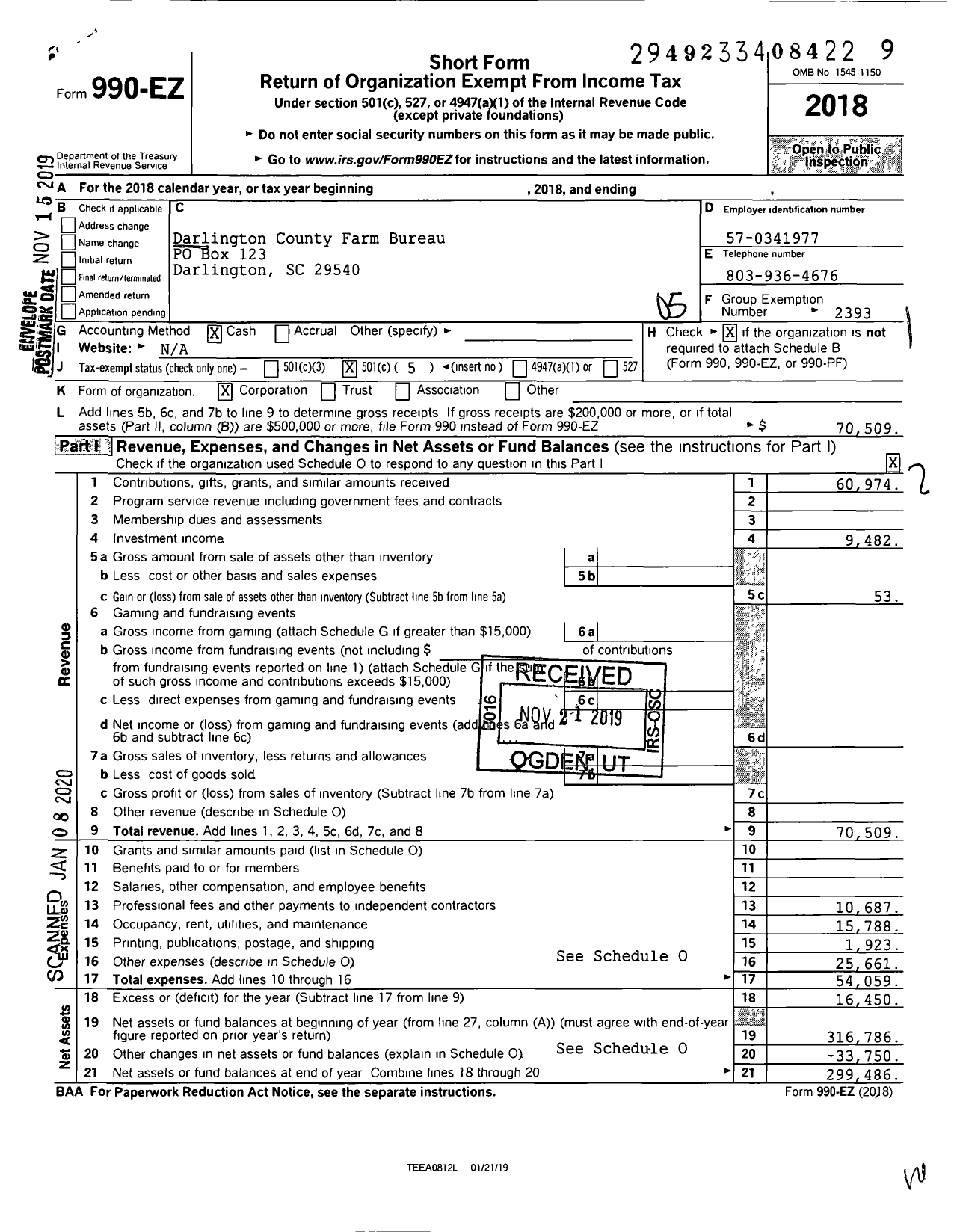 Image of first page of 2018 Form 990EO for Darlington County Farm Bureau