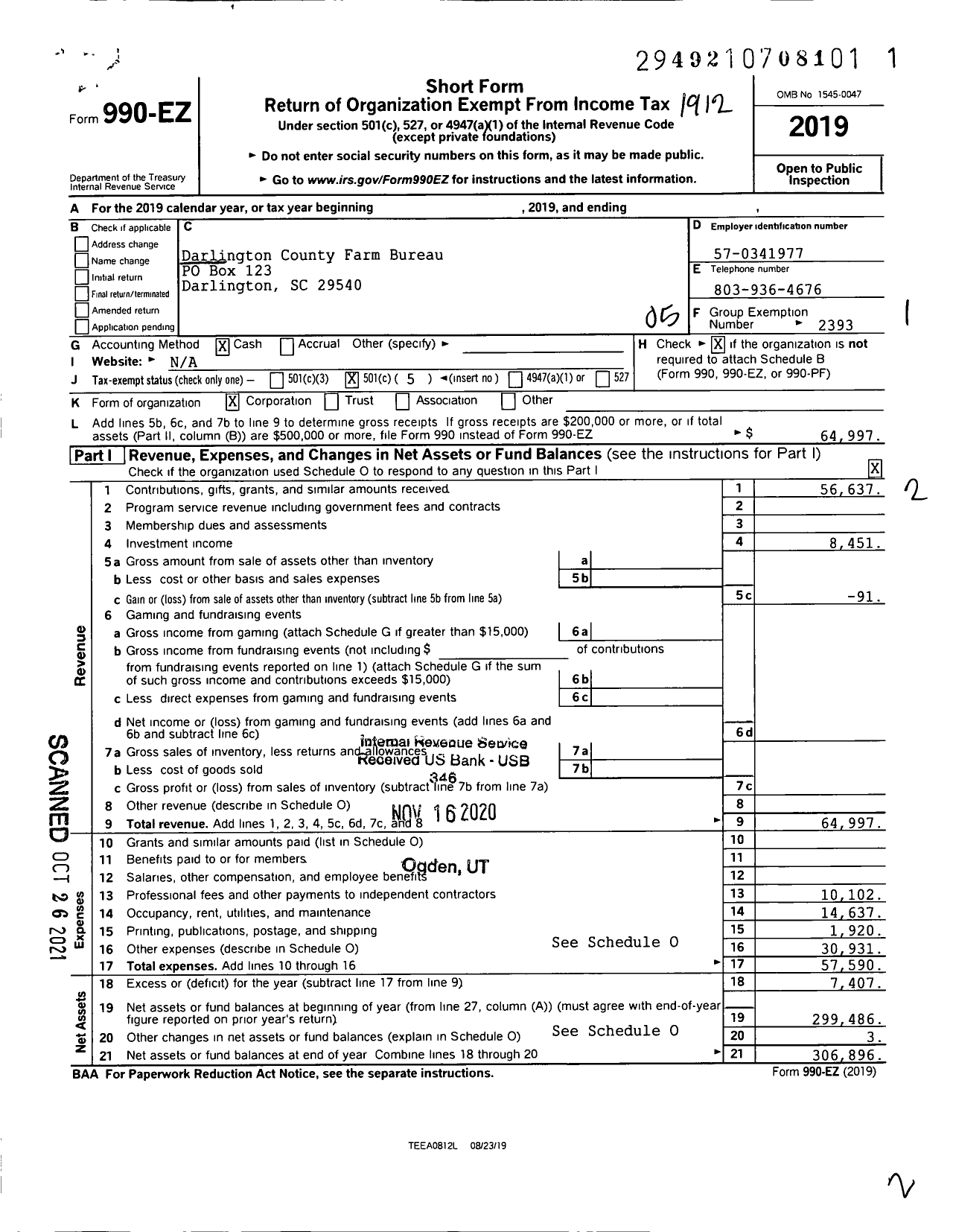 Image of first page of 2019 Form 990EO for Darlington County Farm Bureau