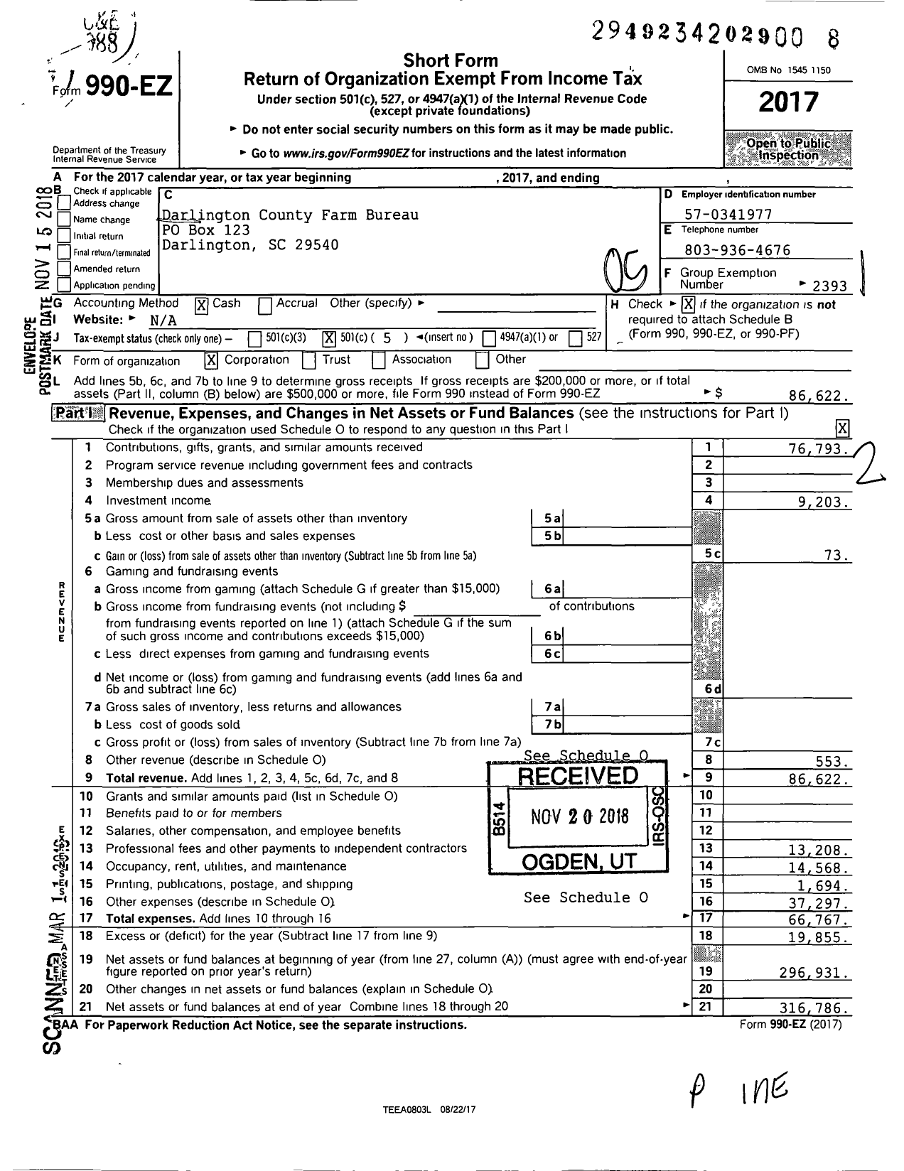 Image of first page of 2017 Form 990EO for Darlington County Farm Bureau