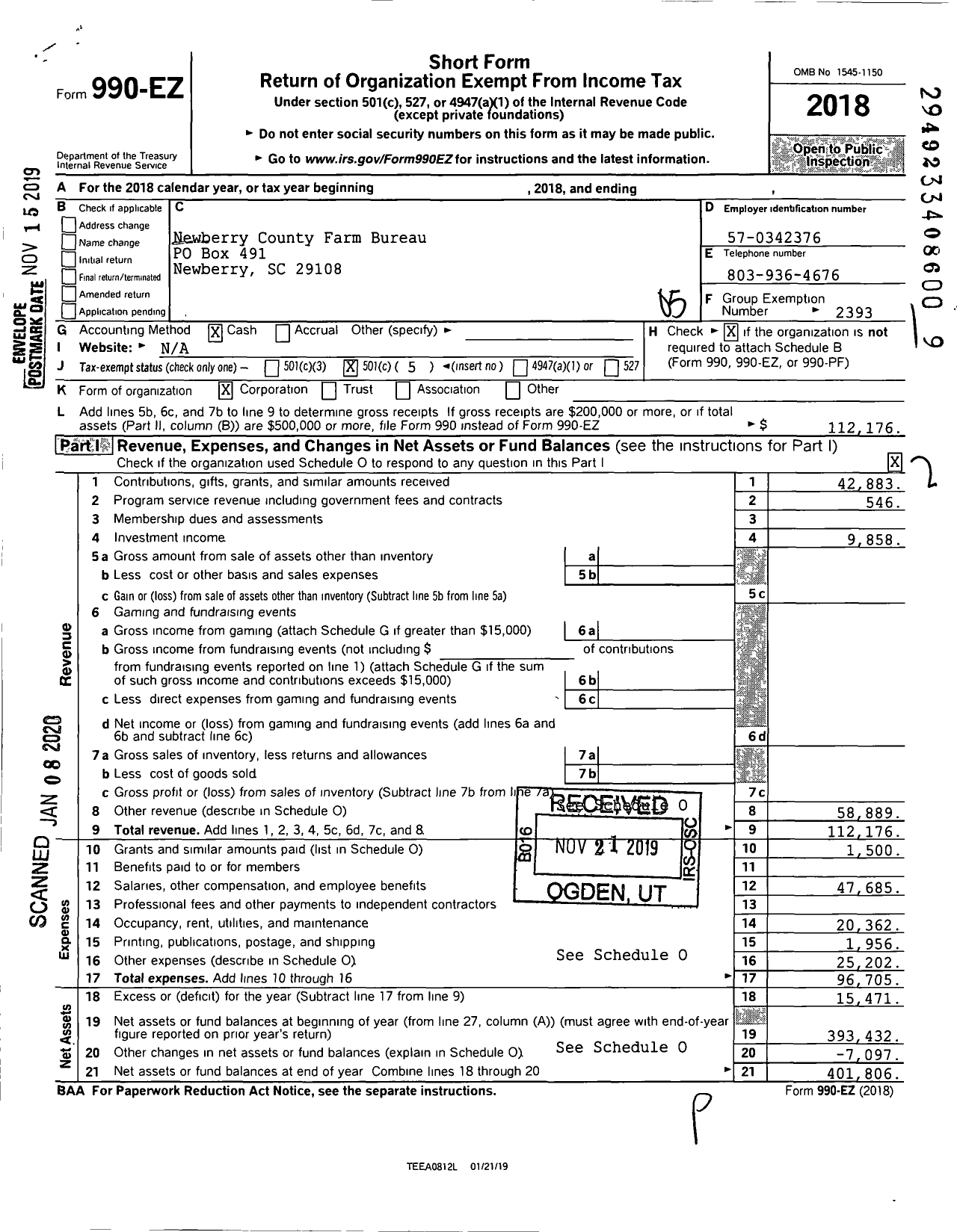 Image of first page of 2018 Form 990EO for Newberry County Farm Bureau