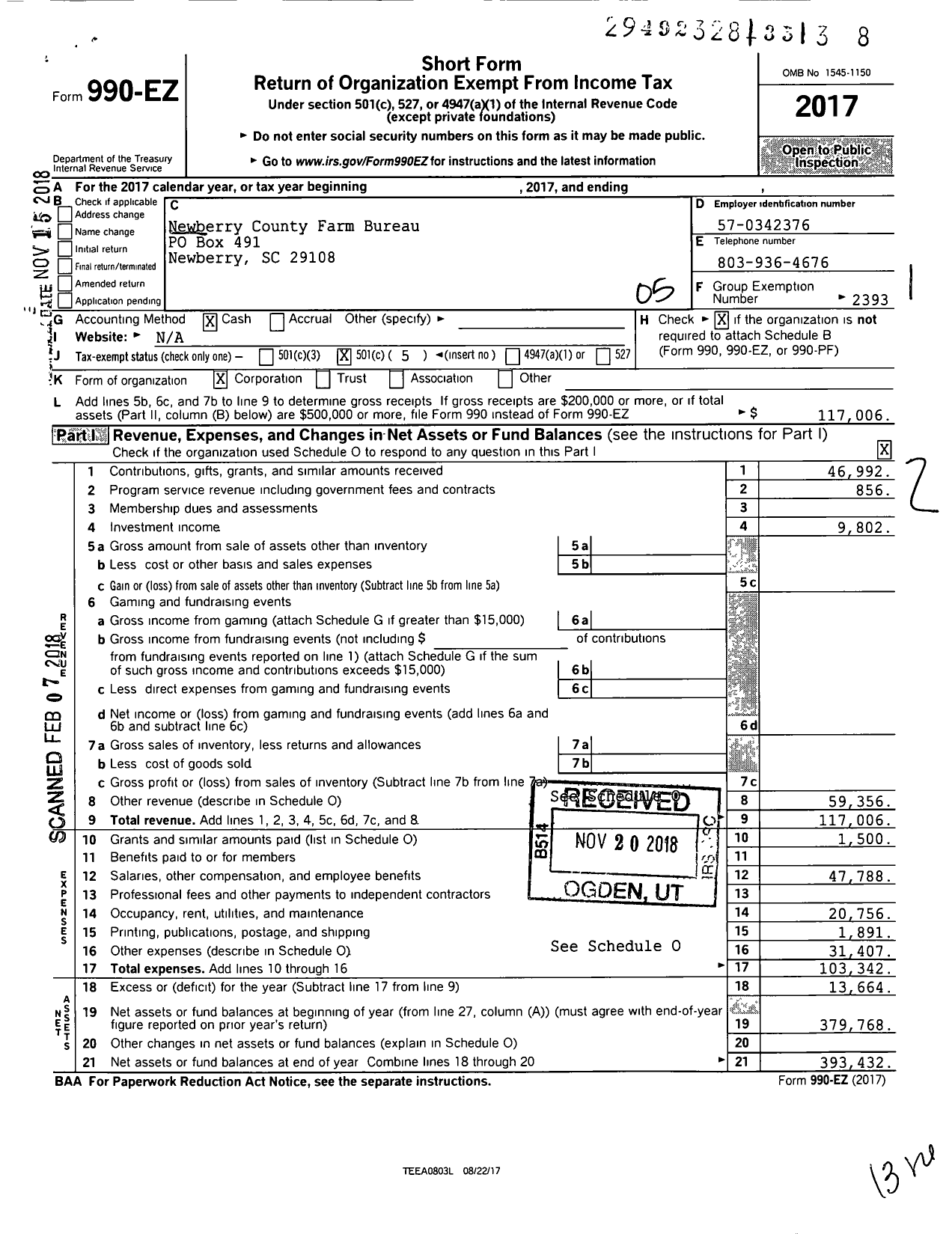 Image of first page of 2017 Form 990EO for Newberry County Farm Bureau