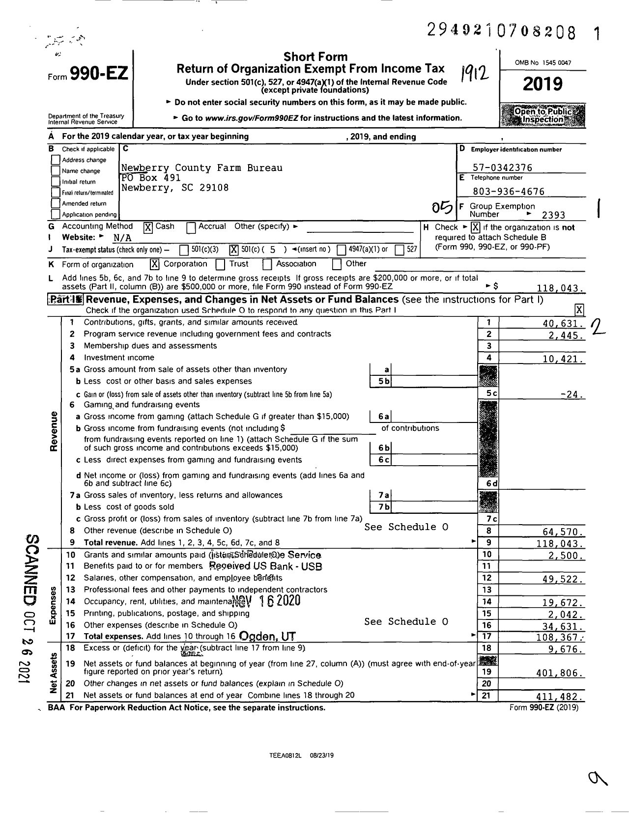 Image of first page of 2019 Form 990EO for Newberry County Farm Bureau