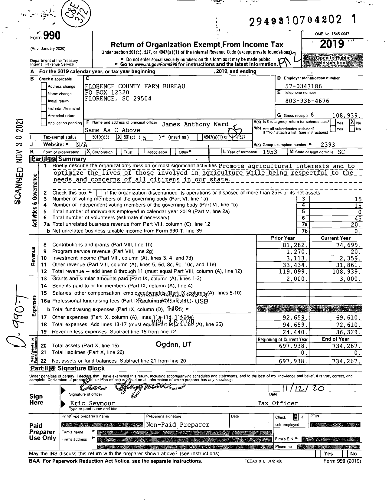 Image of first page of 2019 Form 990O for Florence County Farm Bureau