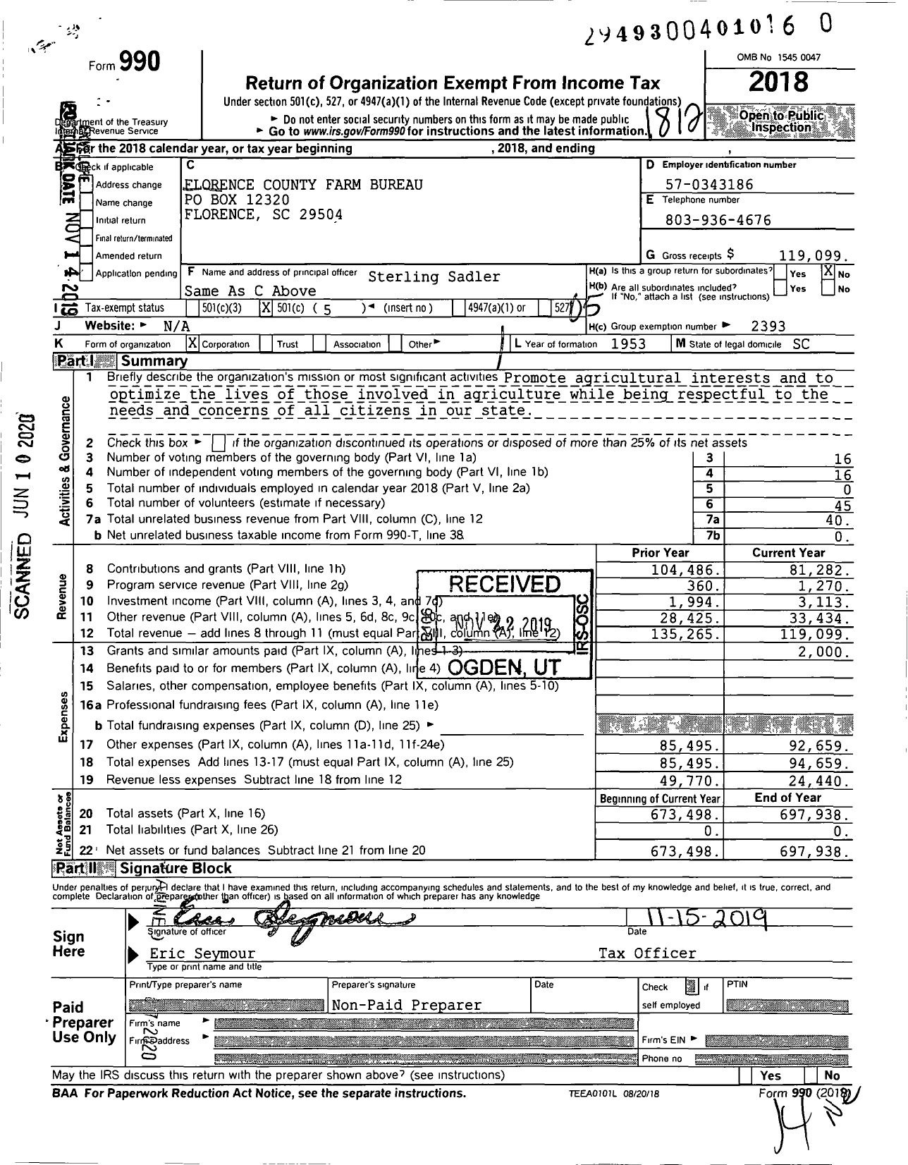 Image of first page of 2018 Form 990O for Florence County Farm Bureau