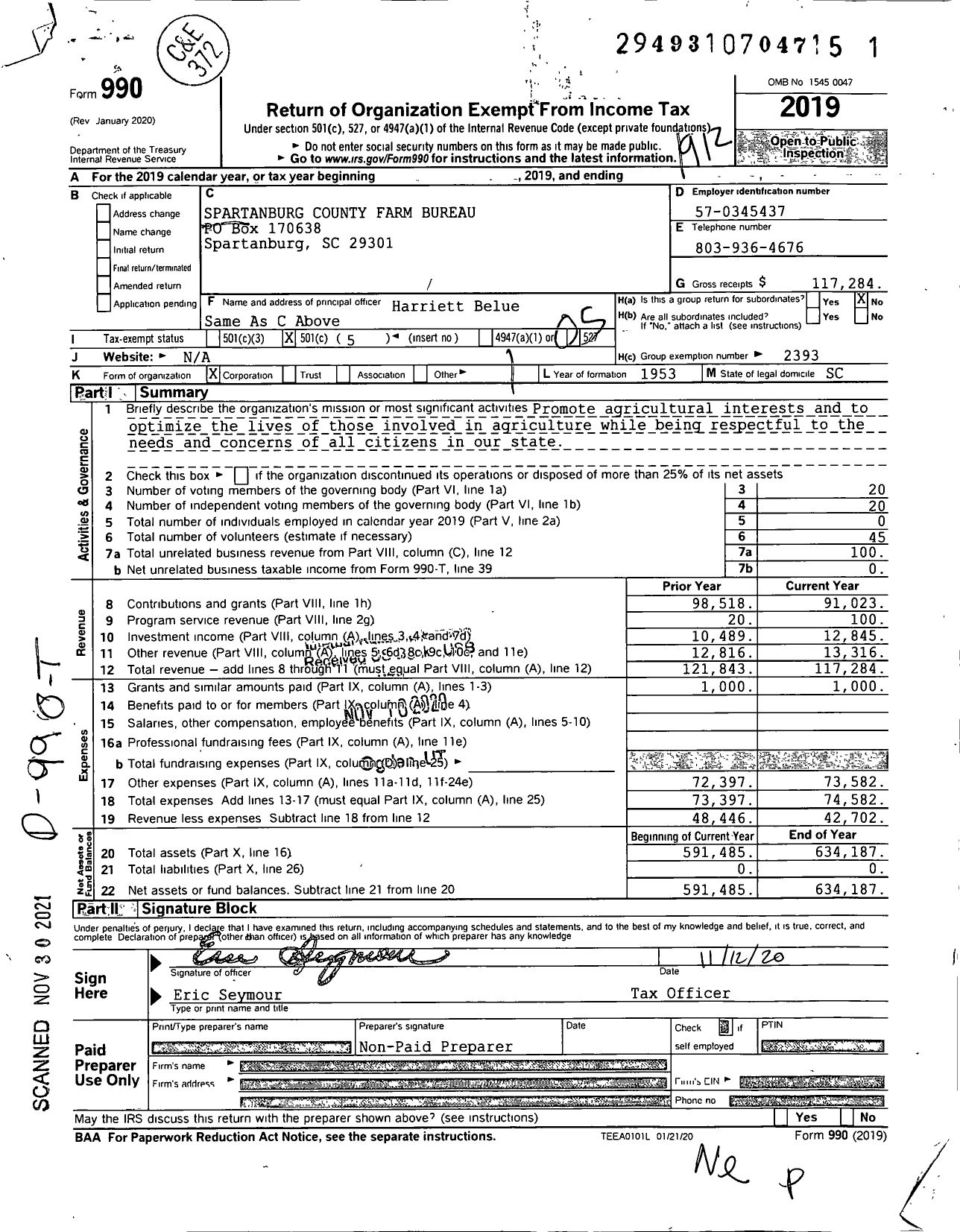 Image of first page of 2019 Form 990O for Spartanburg County Farm Bureau