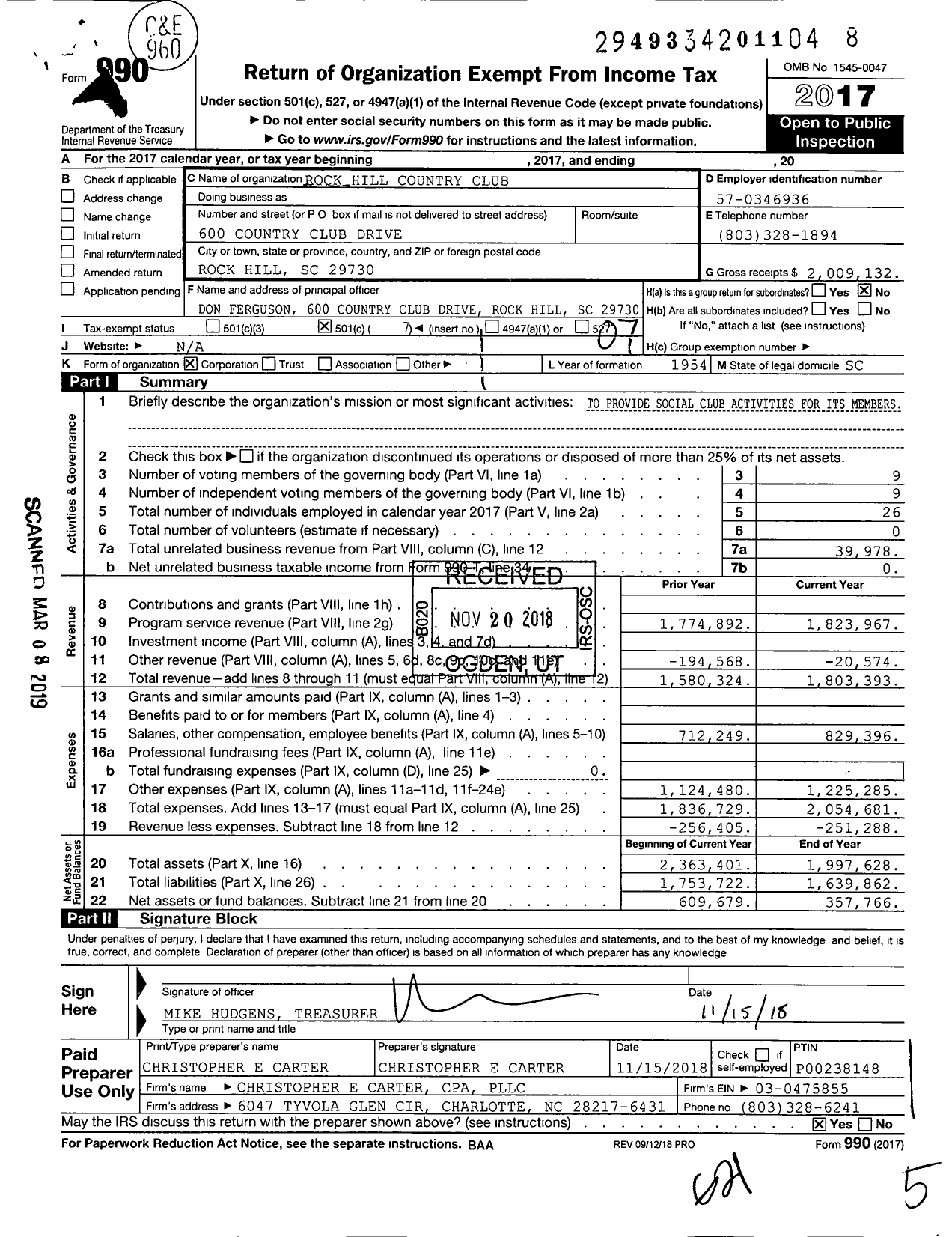 Image of first page of 2017 Form 990O for Rock Hill Country Club