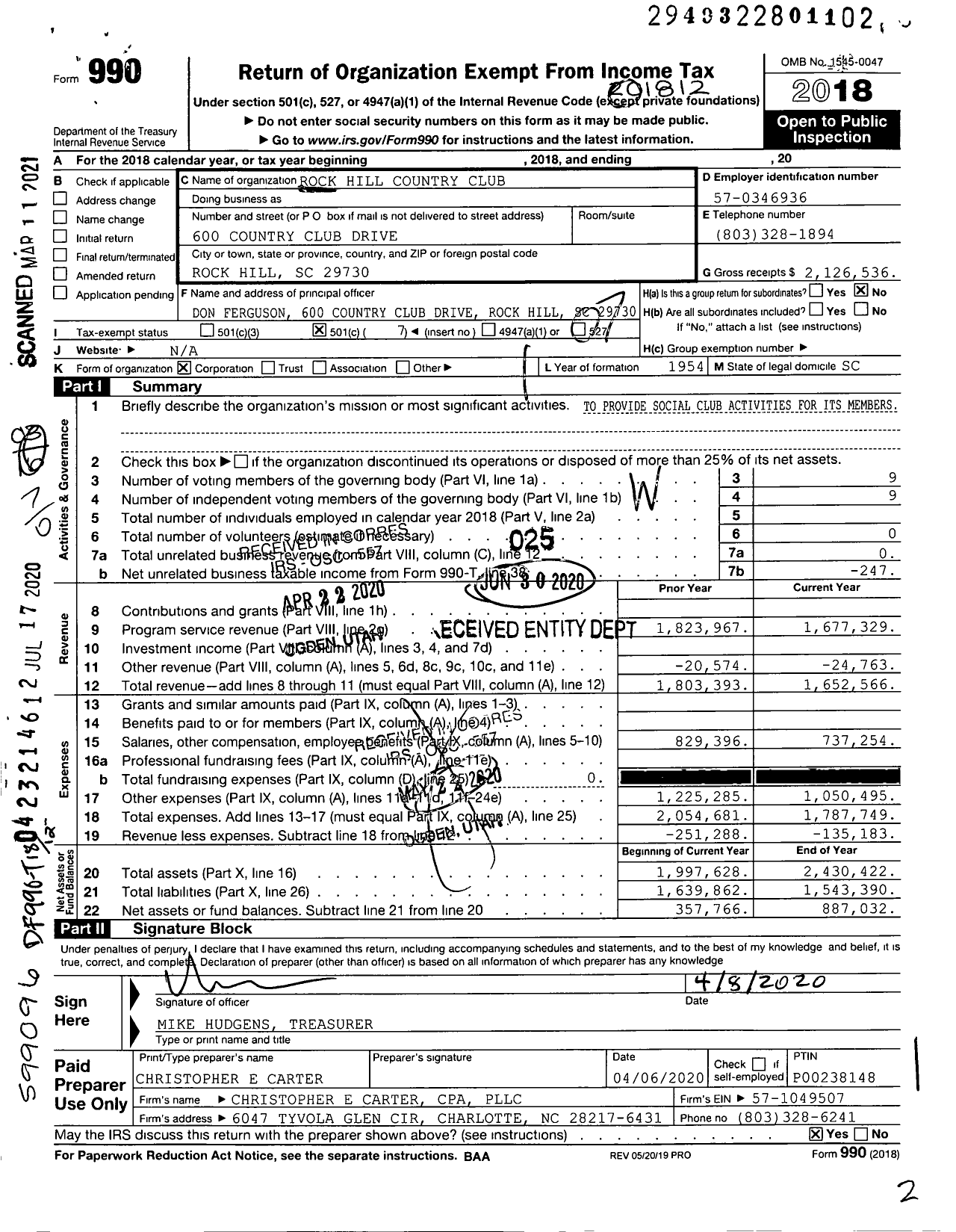 Image of first page of 2018 Form 990O for Rock Hill Country Club