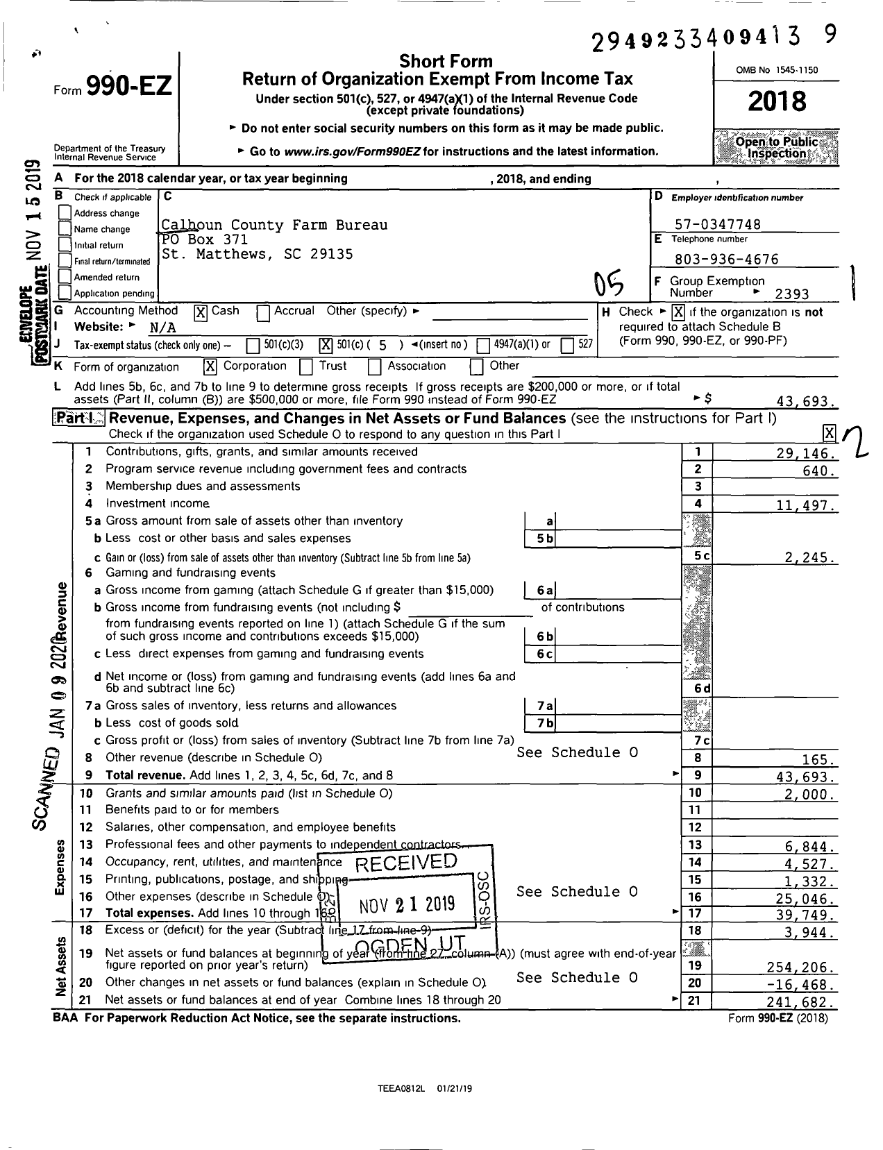 Image of first page of 2018 Form 990EO for Calhoun County Farm Bureau