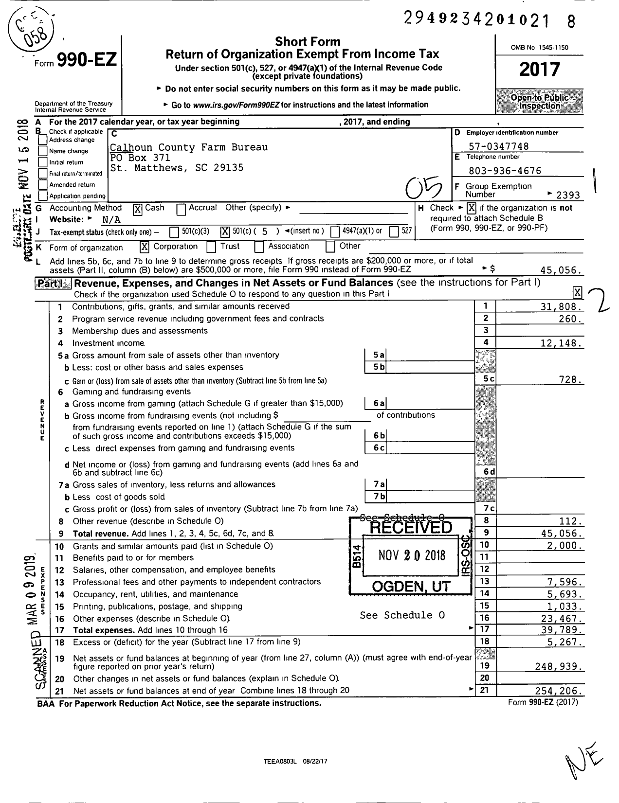 Image of first page of 2017 Form 990EO for Calhoun County Farm Bureau