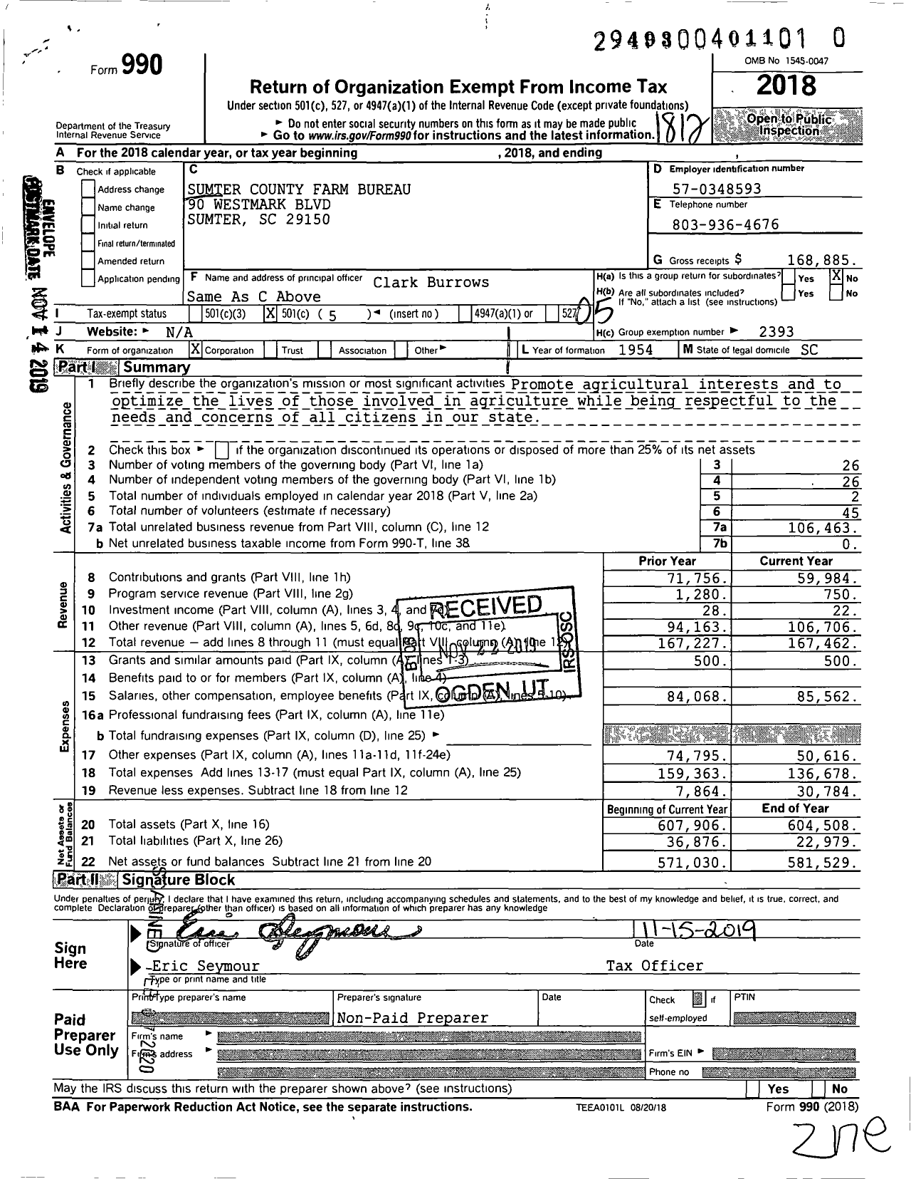 Image of first page of 2018 Form 990O for Sumter County Farm Bureau