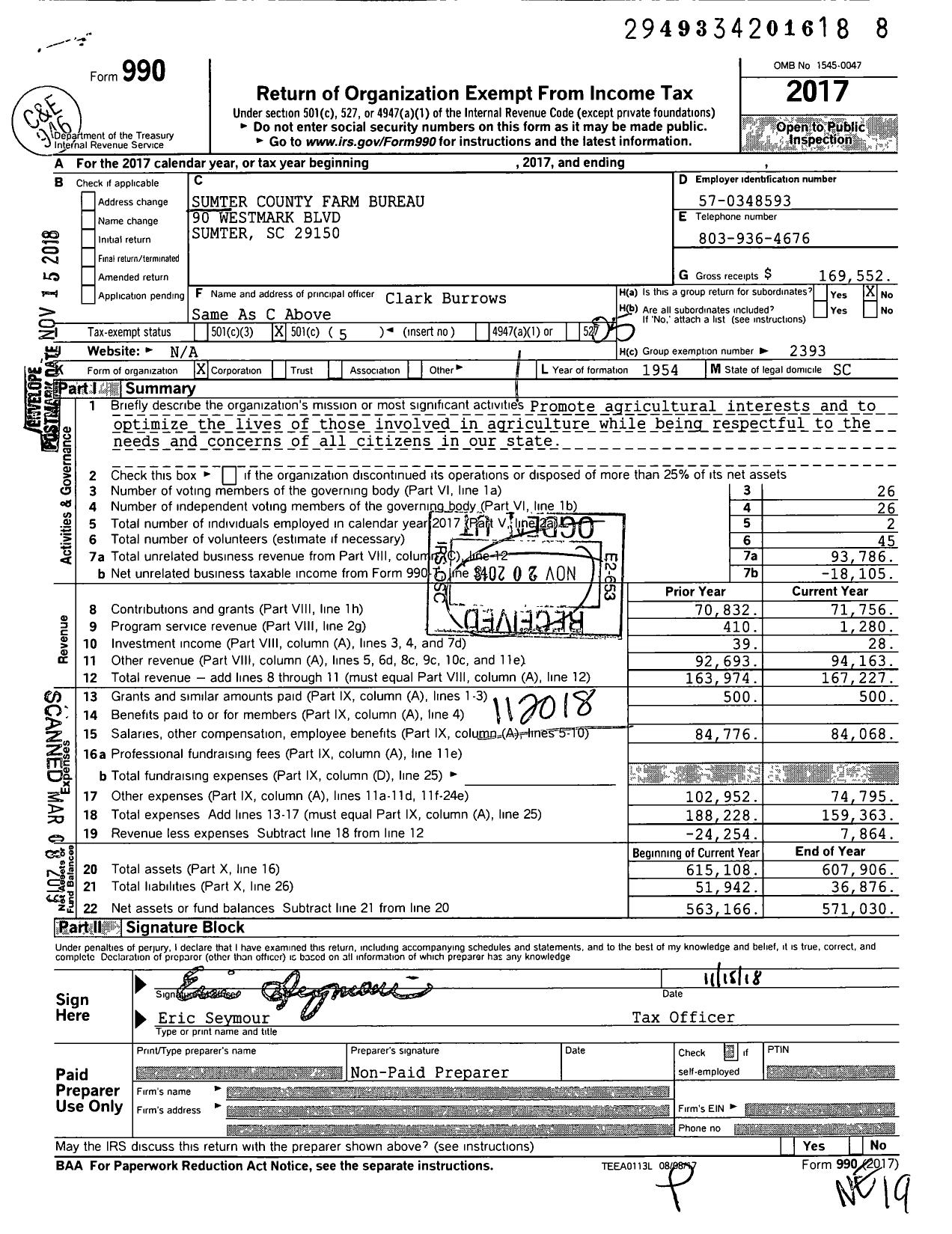 Image of first page of 2017 Form 990O for Sumter County Farm Bureau