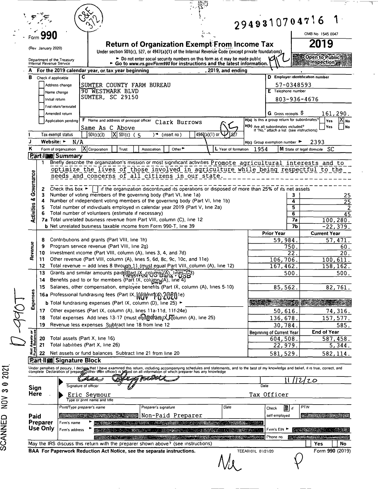 Image of first page of 2019 Form 990O for Sumter County Farm Bureau