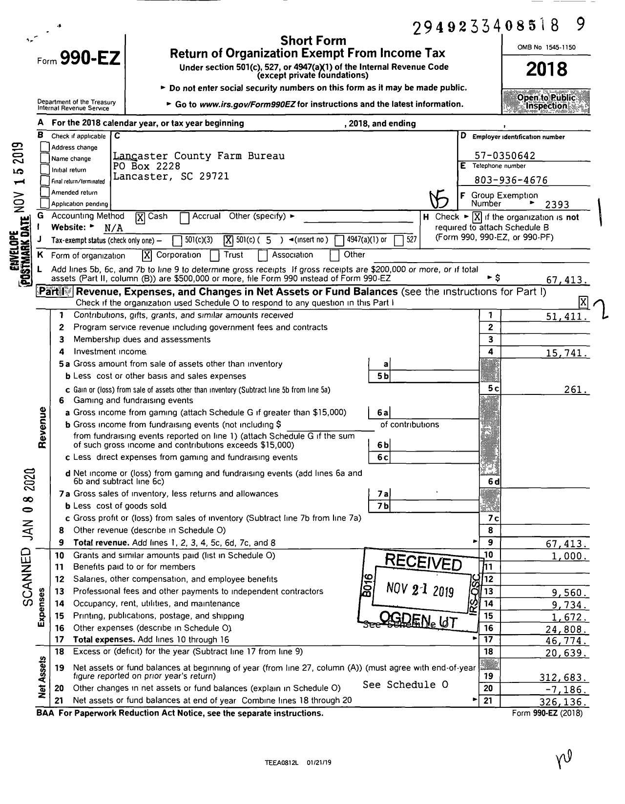 Image of first page of 2018 Form 990EO for Lancaster County Farm Bureau