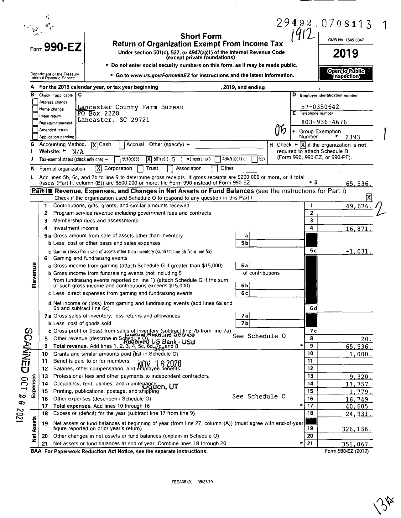 Image of first page of 2019 Form 990EO for Lancaster County Farm Bureau