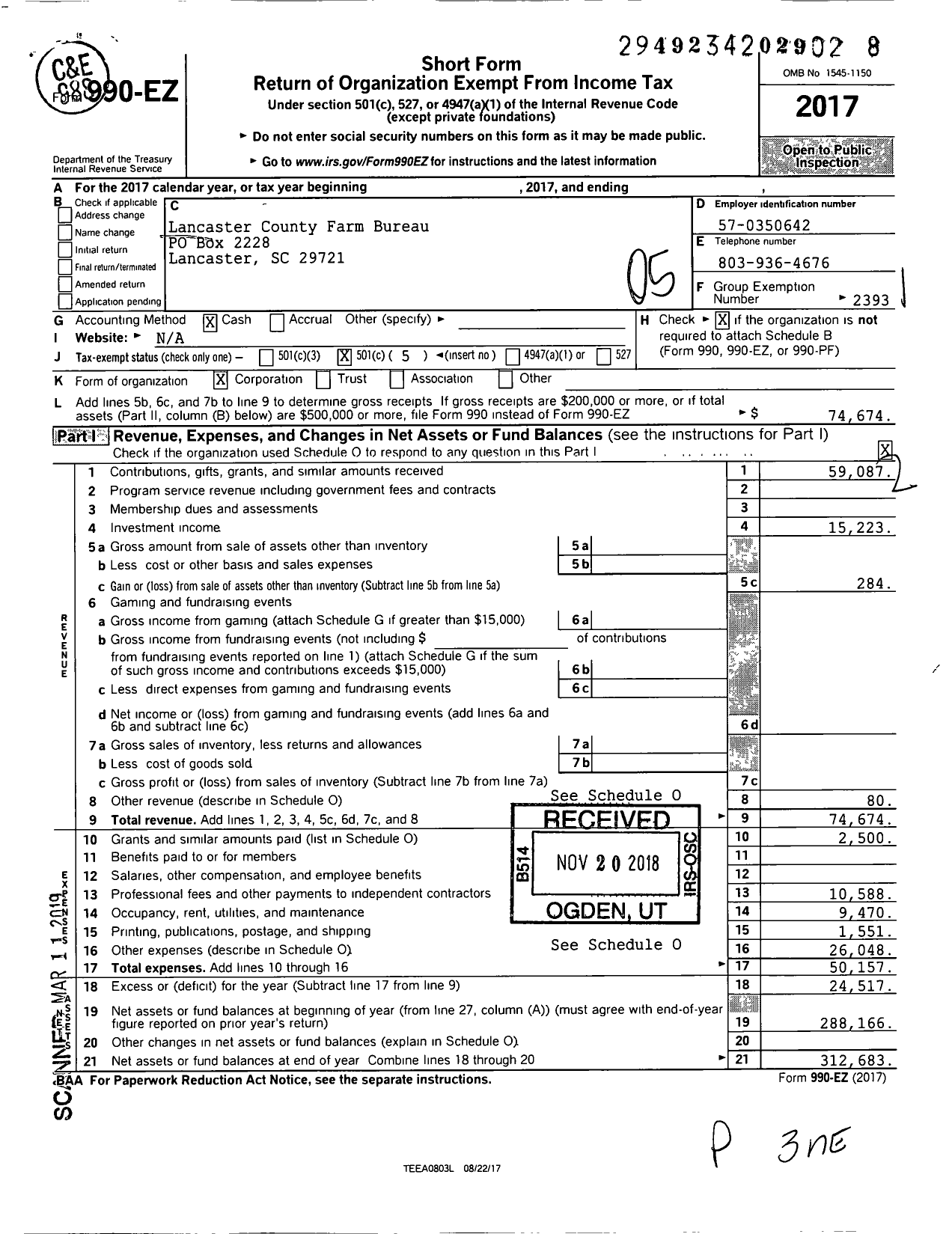 Image of first page of 2017 Form 990EO for Lancaster County Farm Bureau