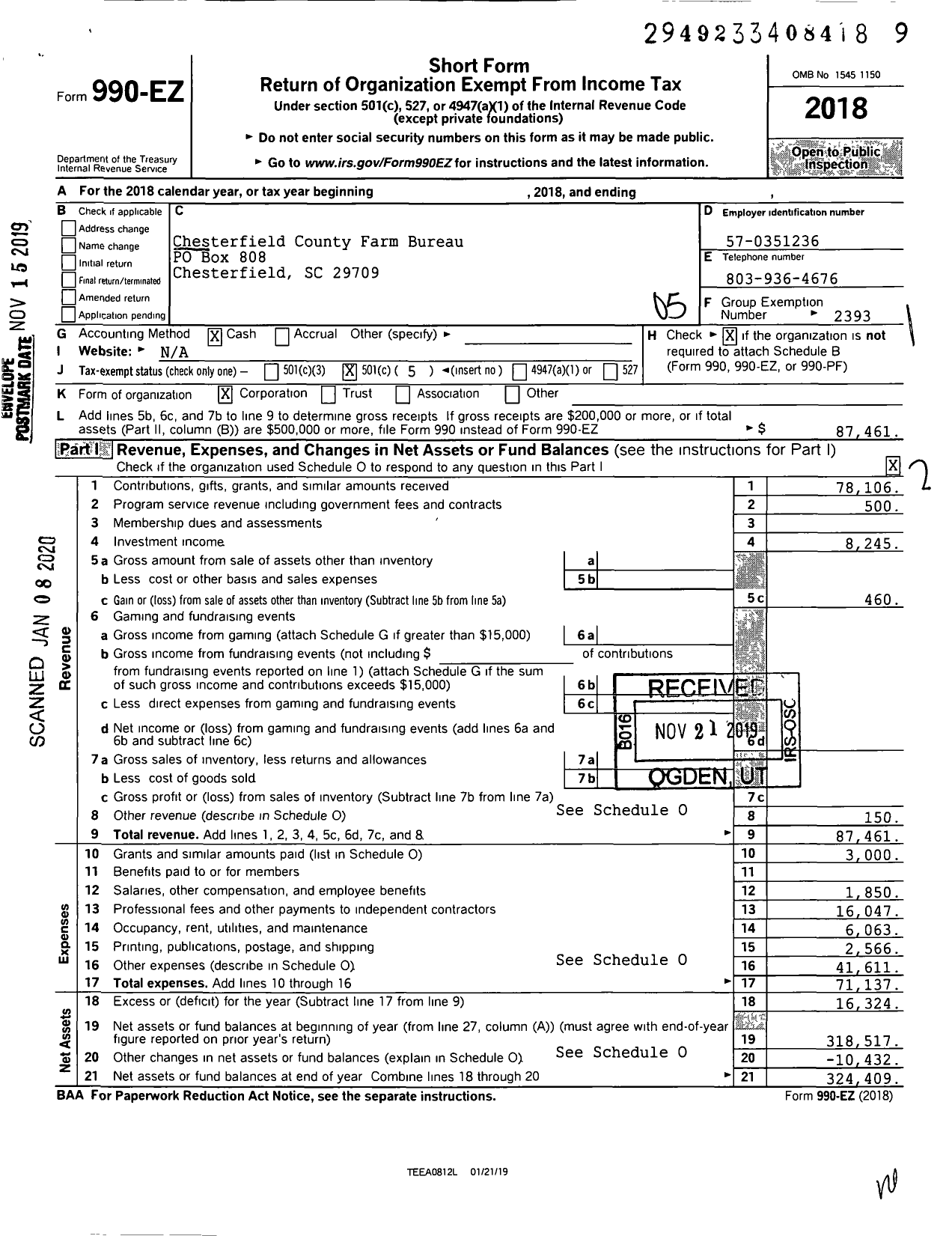 Image of first page of 2018 Form 990EO for Chesterfield County Farm Bureau