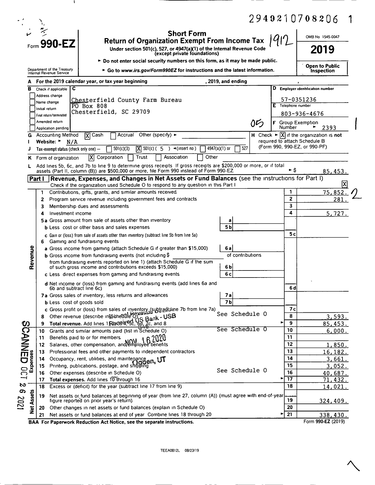 Image of first page of 2019 Form 990EO for Chesterfield County Farm Bureau