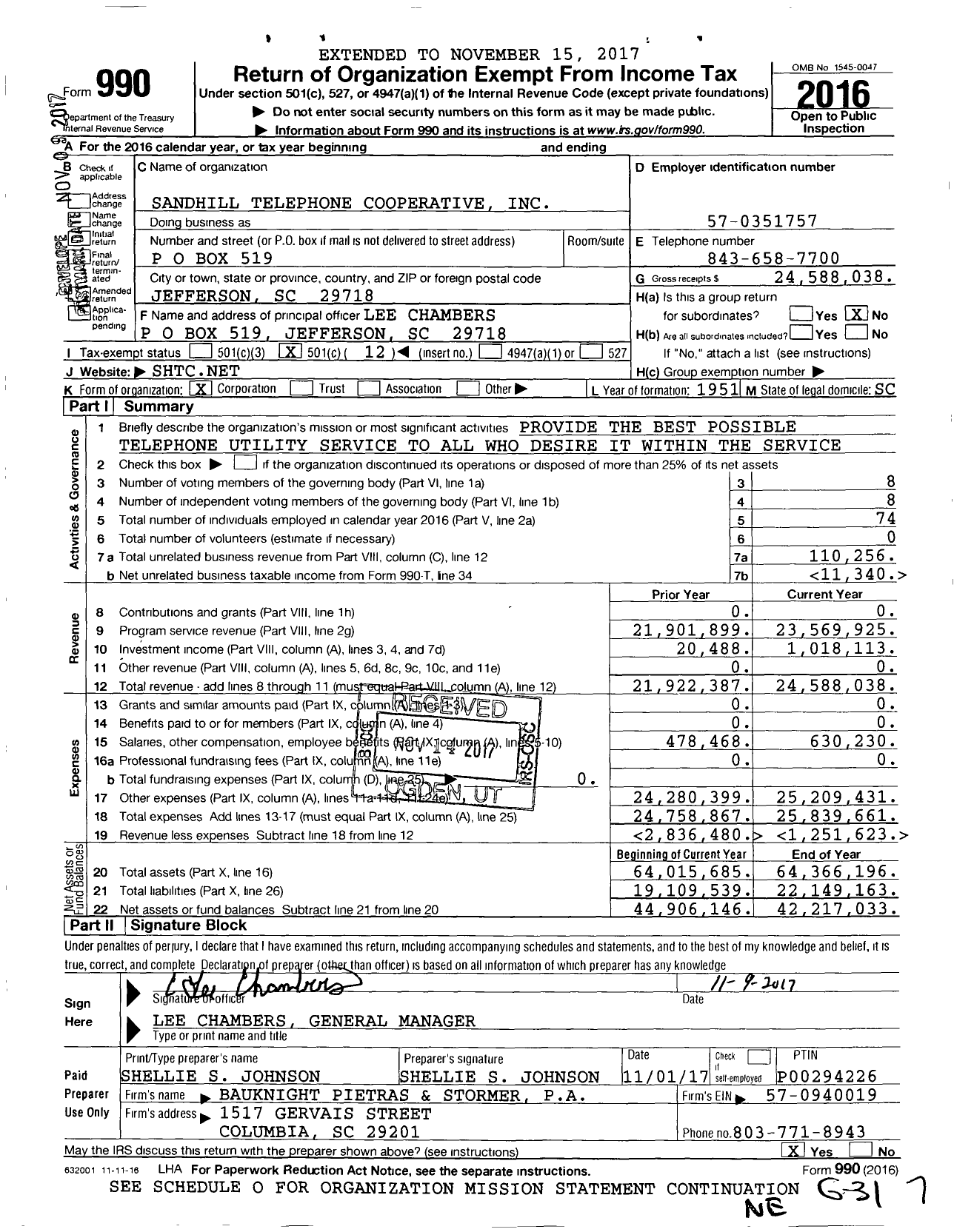 Image of first page of 2016 Form 990O for Sandhill Telephone Cooperative