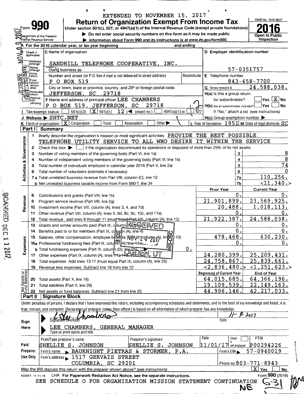 Image of first page of 2016 Form 990O for Sandhill Telephone Cooperative
