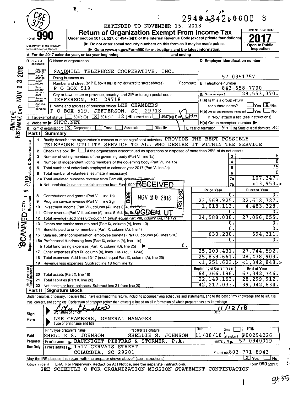 Image of first page of 2017 Form 990O for Sandhill Telephone Cooperative